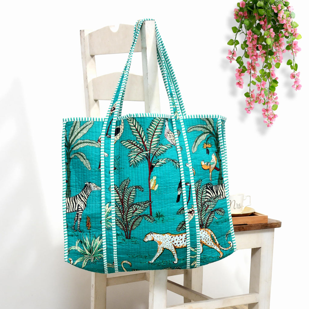 MITTICO Quilted Cotton Tote Bag for Women – Handmade Travel Shoulder Handbag with Zipper & Multiple Pockets | Lightweight & Durable Everyday Tote Bag | Turquoise Blue Jungle Print