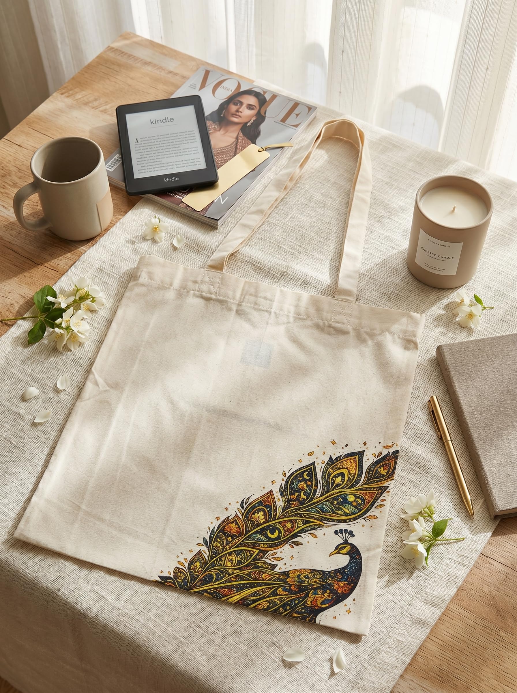 Kai Pai Co Cotton Tote Bag for Women, Indian Folk Art Prints, Casual Daily Use, Reusable Shoulder Bag,14 X 16 Inches - Madhubani, Kalamkari, Return Gifts (Ornate Peacock - Kalamkari)