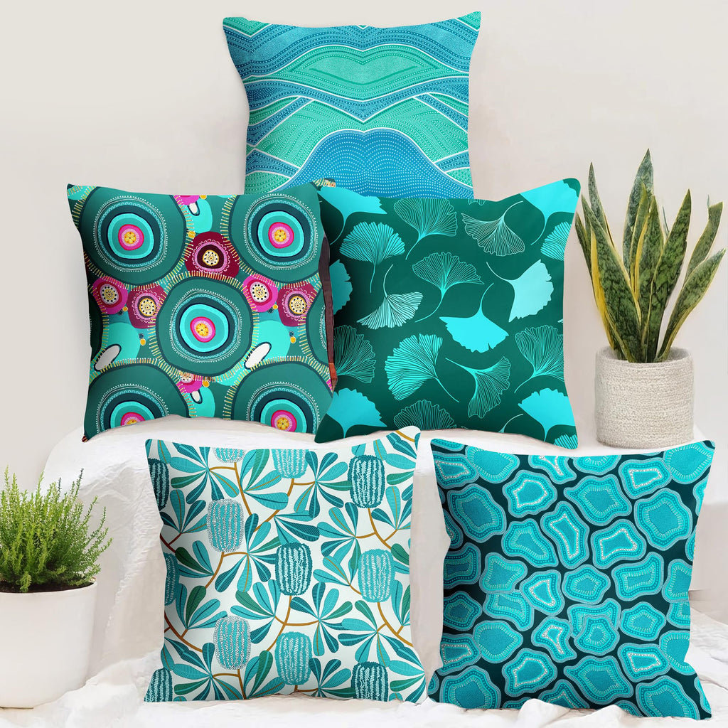 Story@Home Aqua Blue & Teal Abstract Cushion Cover Set of 5 | 16 x 16 Inch| Digital Printed Decorative Pillow Covers | Soft Polyester Cushion Covers for Sofa, Couch, Living Room & Bedroom Decor