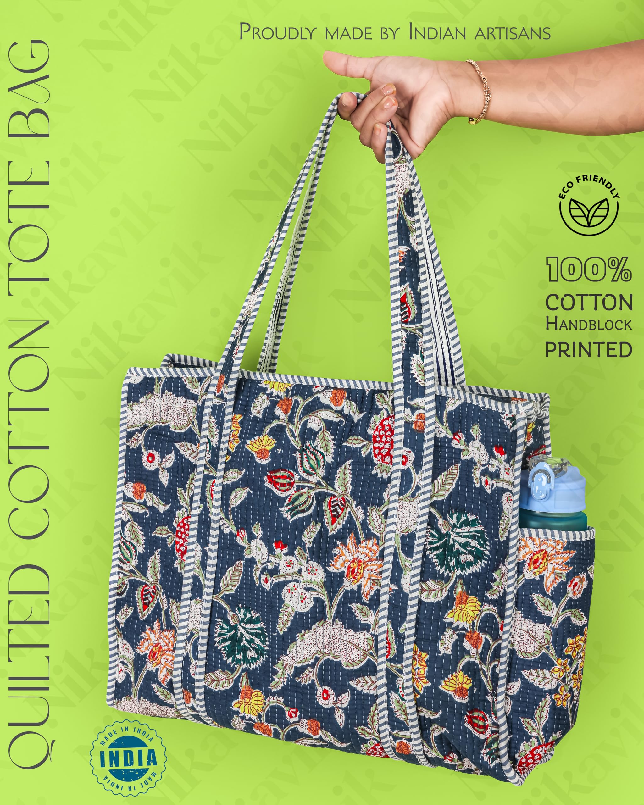 NIKAVIK 1 Tote Bags and 3 Pouch Quilted fabric Handblock Printed Tote Bag(with zip) and bottle compartment with Matching Pouches (Blue Multi)