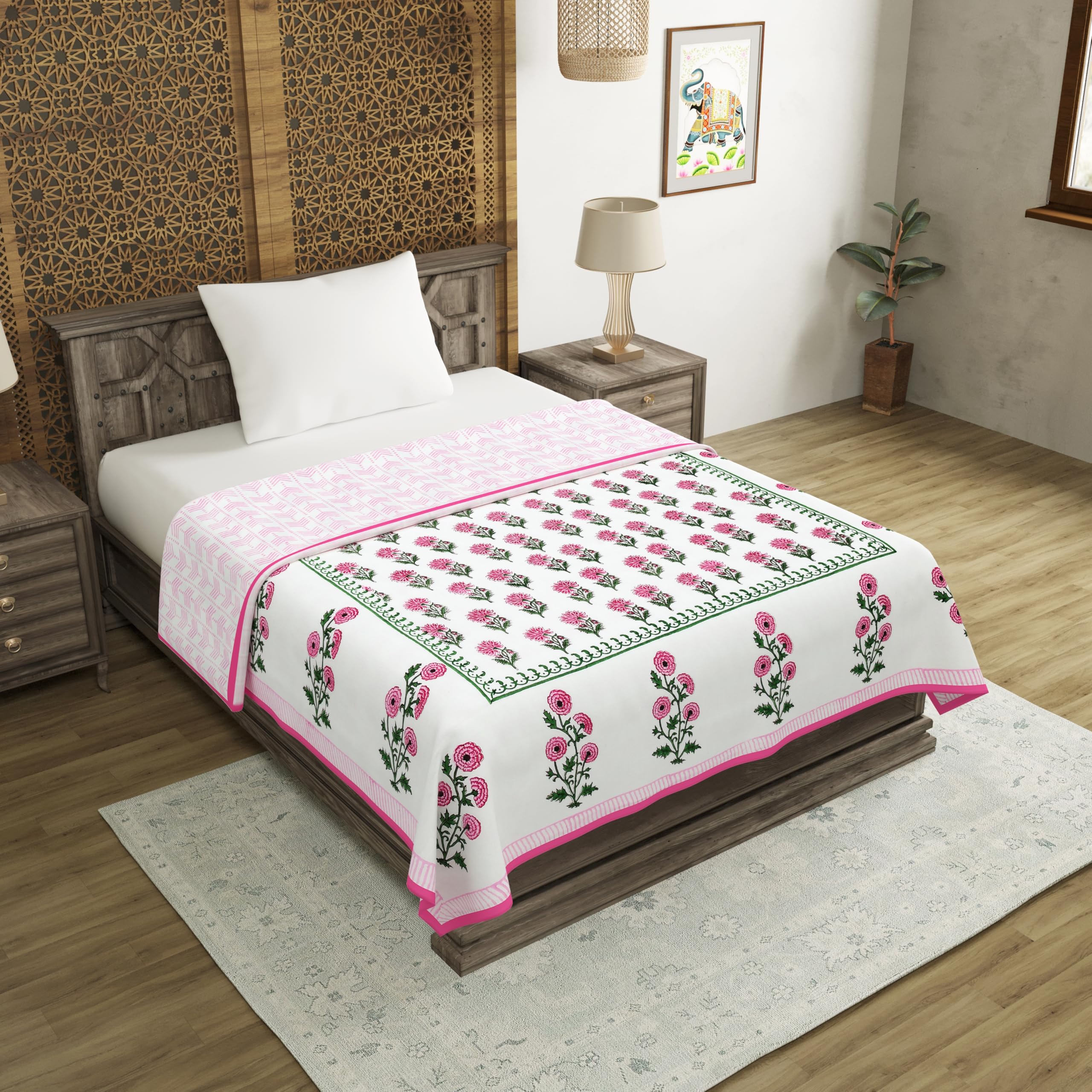 BLOCKS OF INDIA Hand Block Printed Cotton Single Size Reversible Malmal Dohar for Summer (Pink Green BUTI) Kafalo
