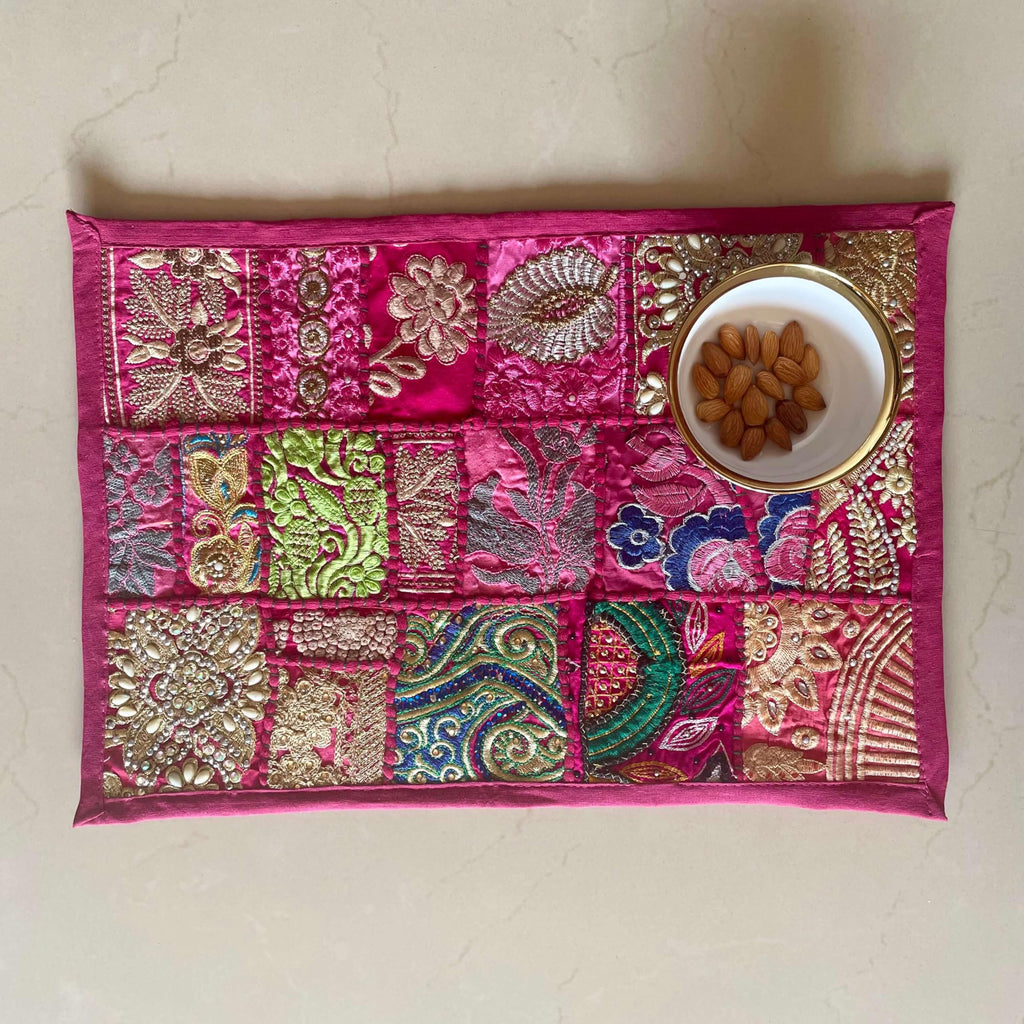 ATRANGI STUDIO Patchwork Table Mat | Traditional Rajasthani Khambadiya Placemat | Handmade Reusable Dining Table Mat for Home Decor | Colourful Dining Setup | 12x18 Inch, Pink