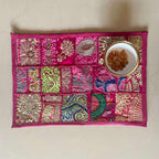 ATRANGI STUDIO Patchwork Table Mat | Traditional Rajasthani Khambadiya Placemat | Handmade Reusable Dining Table Mat for Home Decor | Colourful Dining Setup | 12x18 Inch, Pink