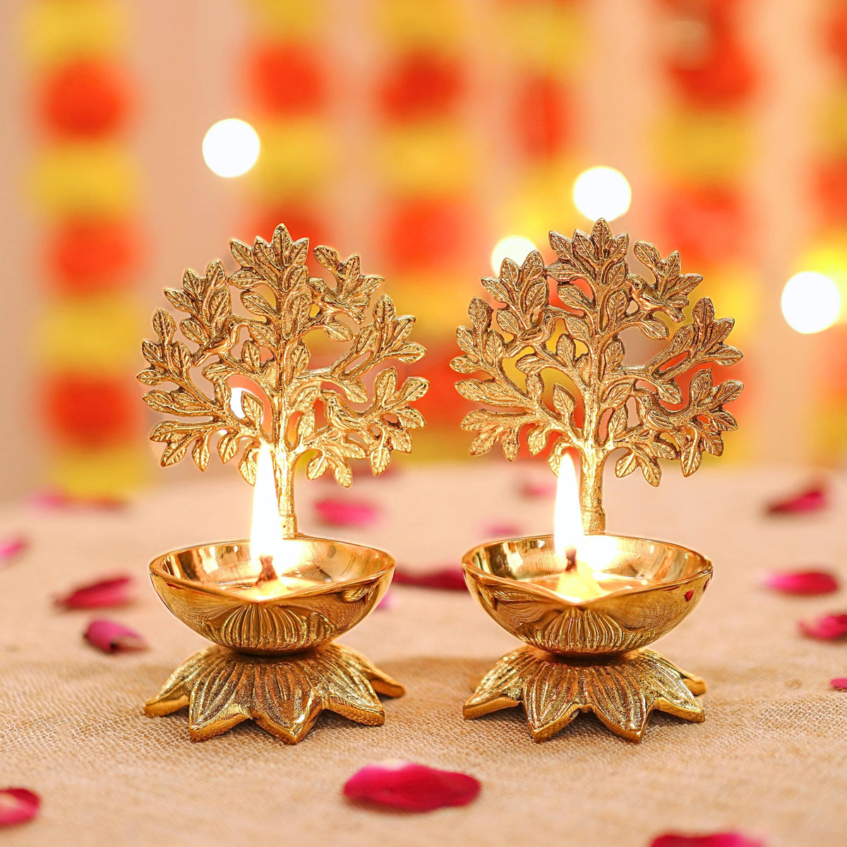 Behoma 100% Pure Brass Handcrafted Kalpavriksha Diya for Puja - Set of 2