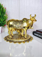Prince Home Decor & Gifts Metal Kamdhenu Cow with Calf Statue Standard Gold, 1 Piece