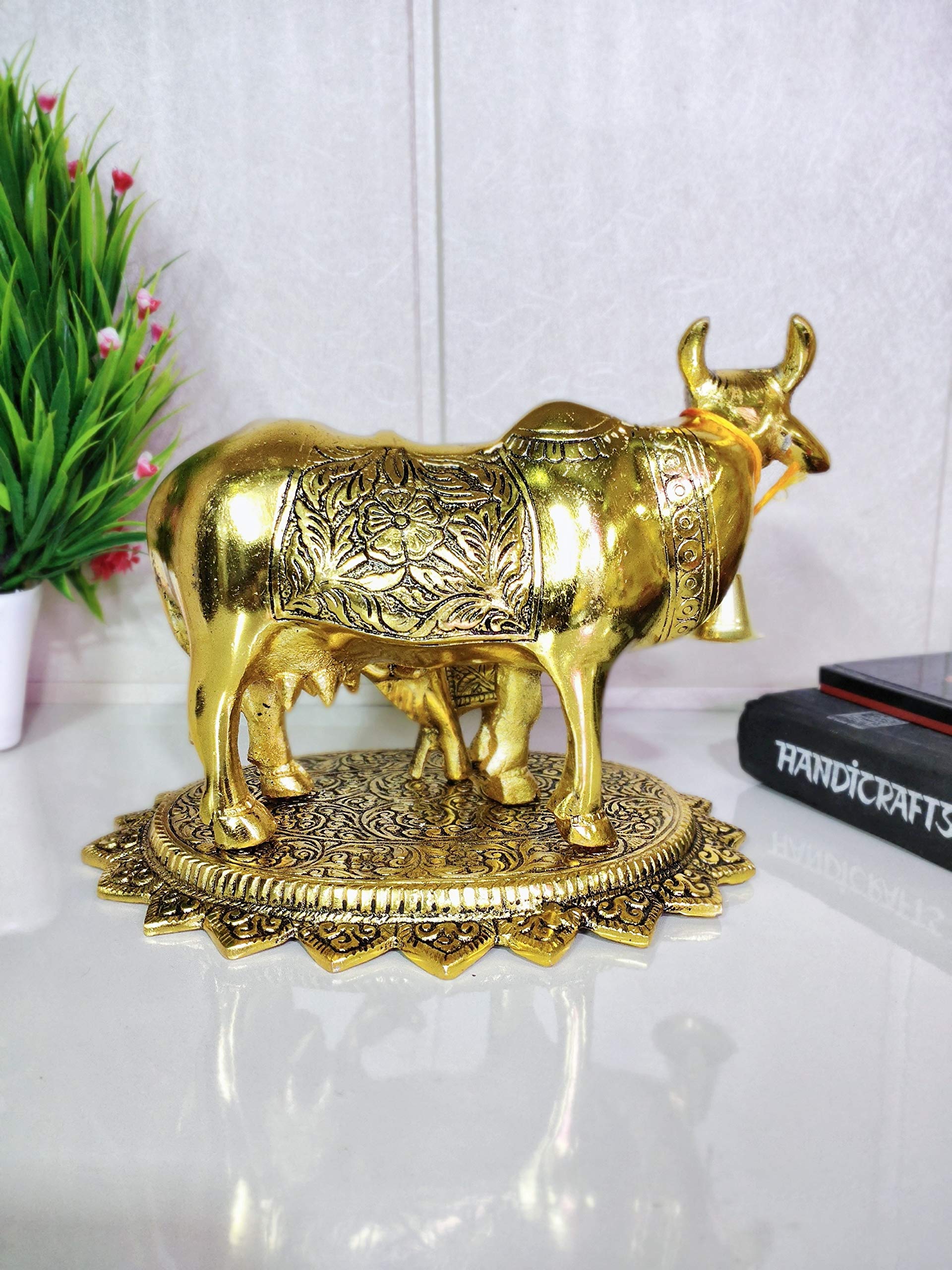 Prince Home Decor & Gifts Metal Kamdhenu Cow with Calf Statue Standard Gold, 1 Piece