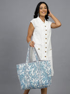 Ravaiyaa - Attitude is everything Women & Man Beautiful Printed Cotton Grocery Shopping Bag | Shoulder Bag | Cotton Tote Bag | Travel Tote Bags 18x5.5x16 Inch (Blue Leaf)