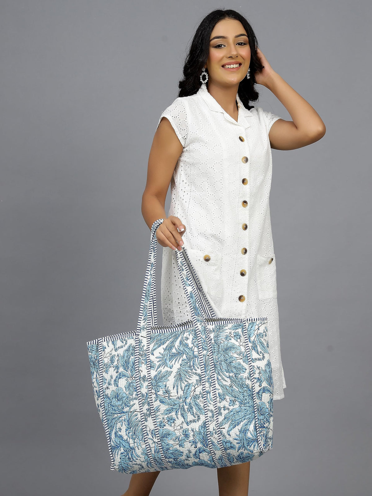 Ravaiyaa - Attitude is everything Women & Man Beautiful Printed Cotton Grocery Shopping Bag | Shoulder Bag | Cotton Tote Bag | Travel Tote Bags 18x5.5x16 Inch (Blue Leaf)