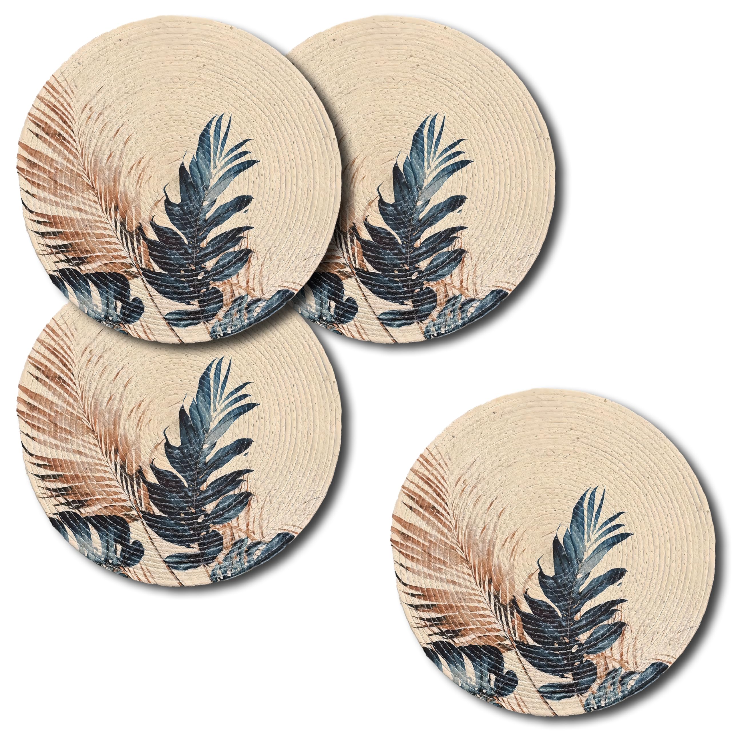SLEEKBODE™ Placemat for Dining Table | Cotton Table Placemat Set of 4 Pieces | Bed Side Table Mat | Cotton Round Shape Placemat | Side Table Cover | Round Table Mat (White-Green Leaf) Kafalo