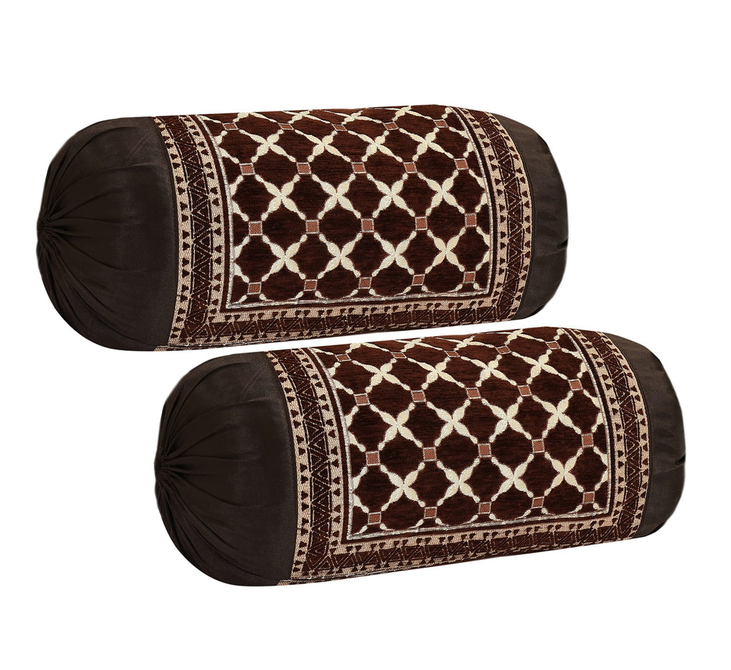 DECOMIZER Jacquard Geomteric Bolster Cover Set | 16x32 Inches | 200 Tc | Dewan Round Pillow Covers | Bed Side Long Pillow Case - (Criss-Cross Coffee - Set of 2)