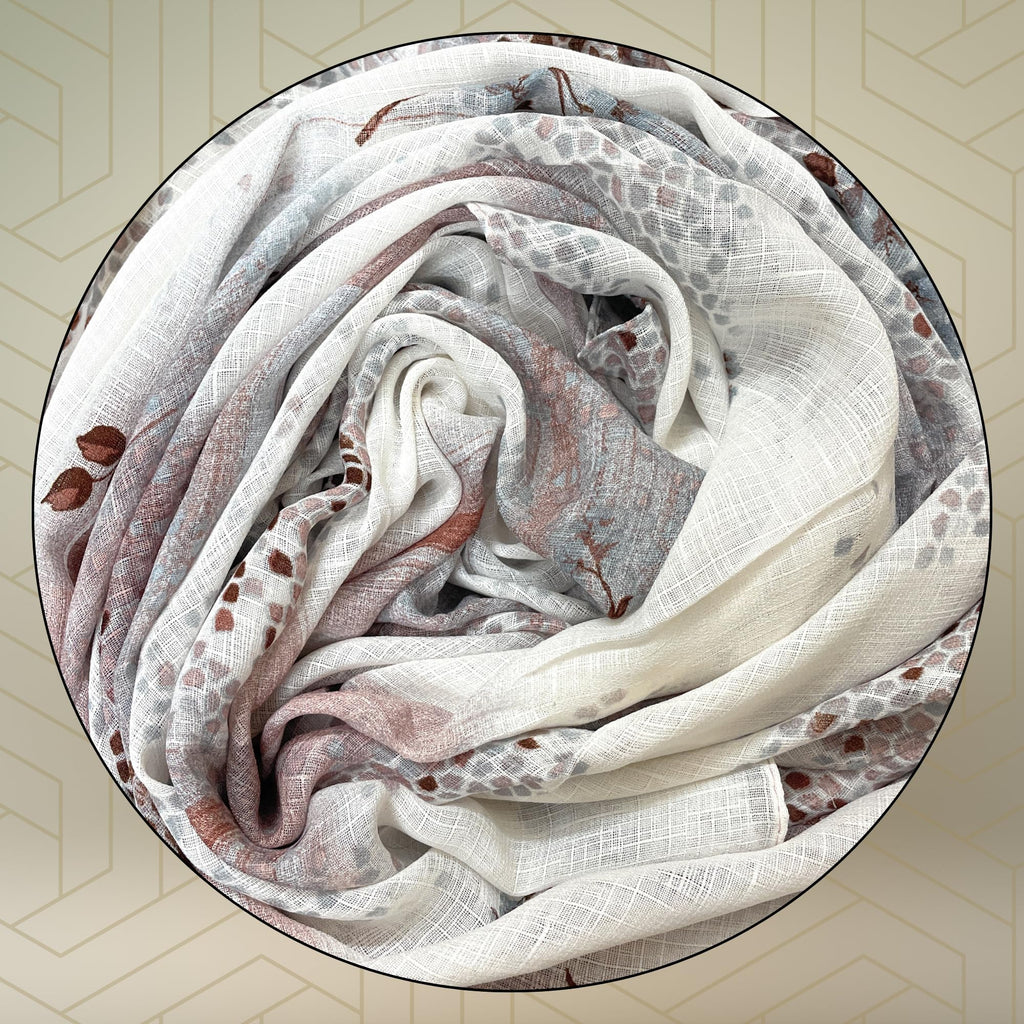 FAHABO Scarf Woman Floral Print Premium Mal Mal Textured Cotton Scarves with Tassels | Hijab Scarf | Headscarf | Neck Scarf | Stoles | Wraps | Size 71 L x 33 W (Elegance Grey, Dark Brown)