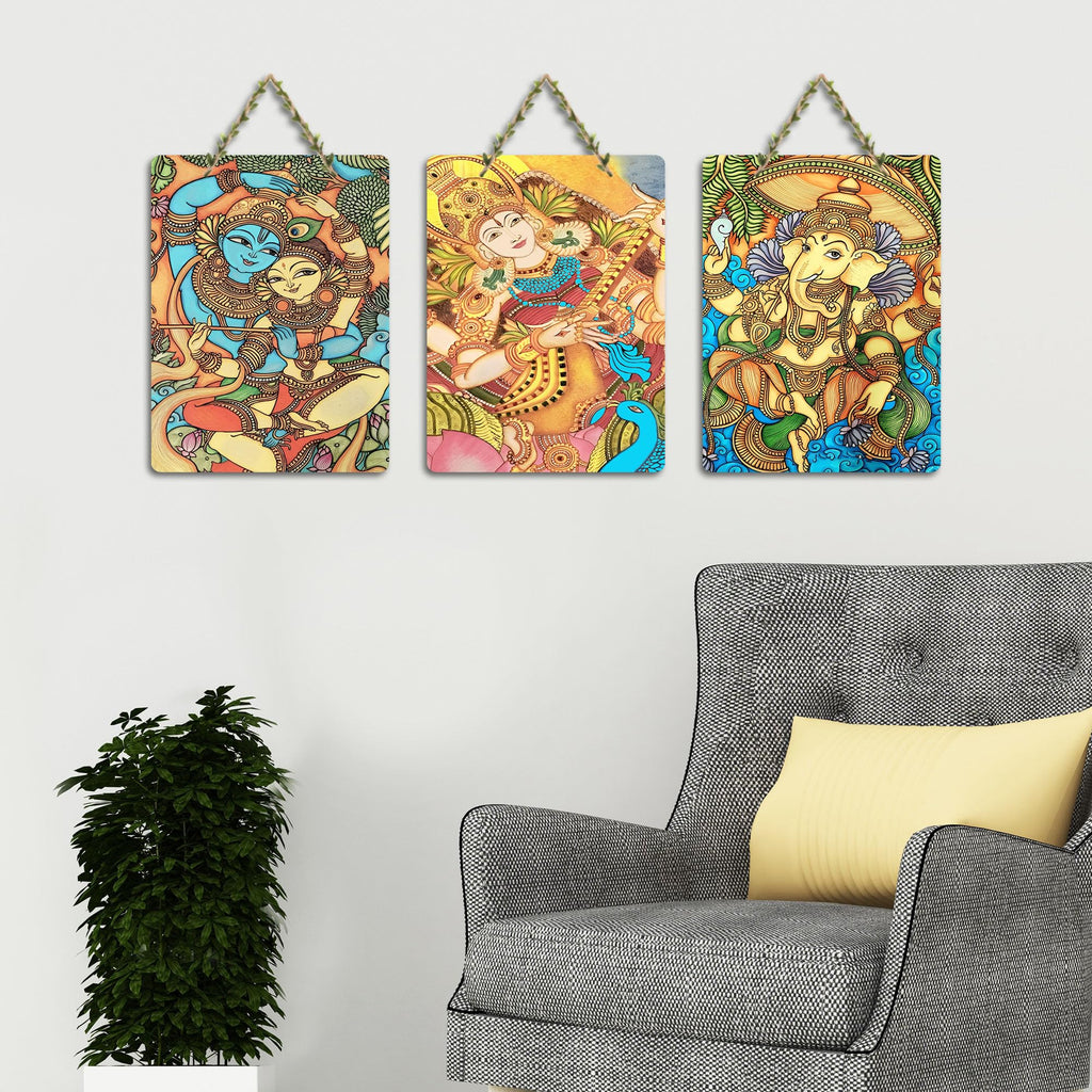 Artvibes Indian Gods Modern Art Decorative MDF Wooden Wall Art for Home | Wood Decorative Items | Modern Decoration | Artwork | Festive Decor | Wall Art Print | Unique Gift Items (WH_96177N), Set of 3