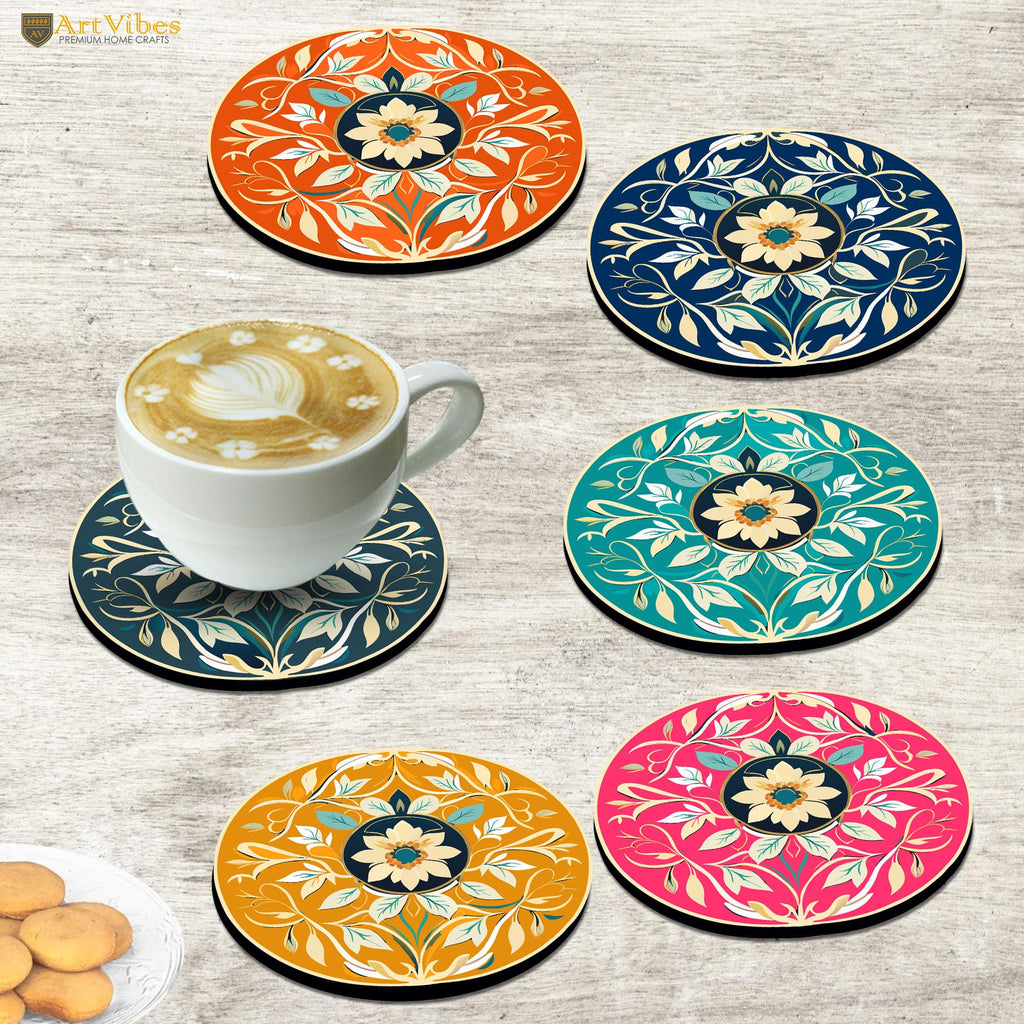 Artvibes Decorative Printed MDF Wooden Coasters for Home and Kitchen | Dining Table Decor | Wood Stylish Tea Coaster Set | Kitchen Decoration Items | Modern Artworks (Set of 6) | 4x4 Inch TC_3019