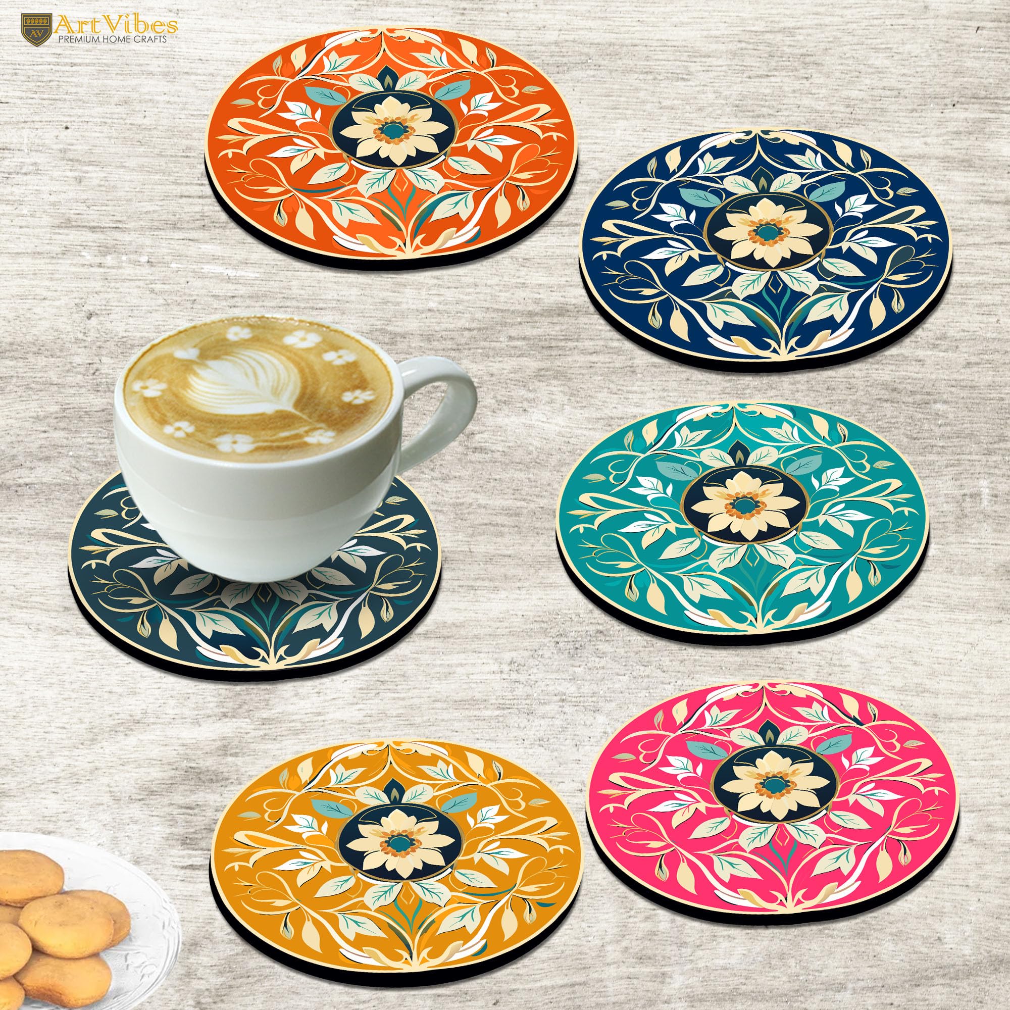 Artvibes Decorative Printed MDF Wooden Coasters for Home and Kitchen | Dining Table Decor | Wood Stylish Tea Coaster Set | Kitchen Decoration Items | Modern Artworks (Set of 6) | 4x4 Inch TC_3019