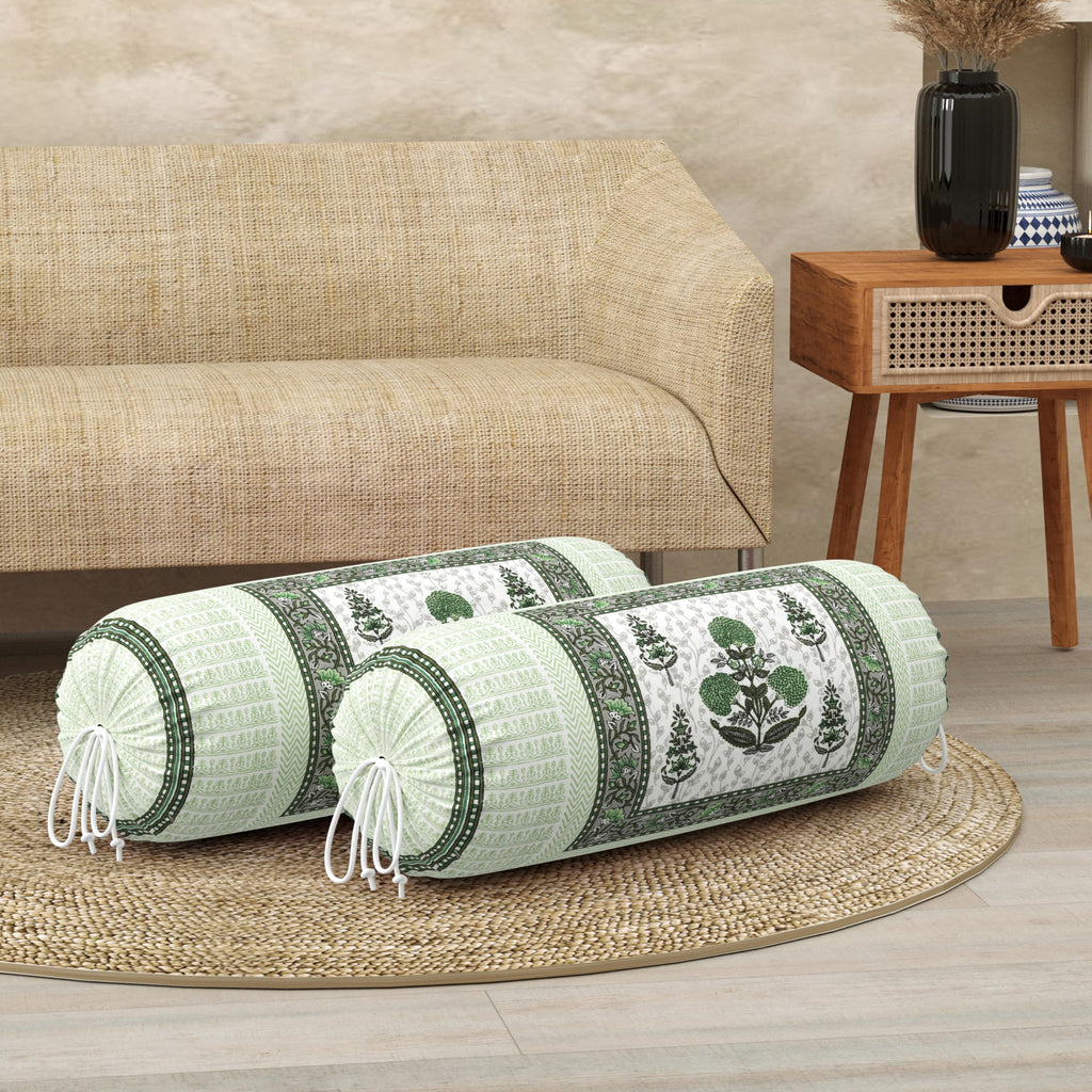 BLOCKS OF INDIA Cotton Hand Block Printed Bolster Cover | Booster Cover with Drawstring | Round Long Pillow Cover for Bed | Dewan Pillow Cover Set 16 X 32 | Set of 2 (Color 25)