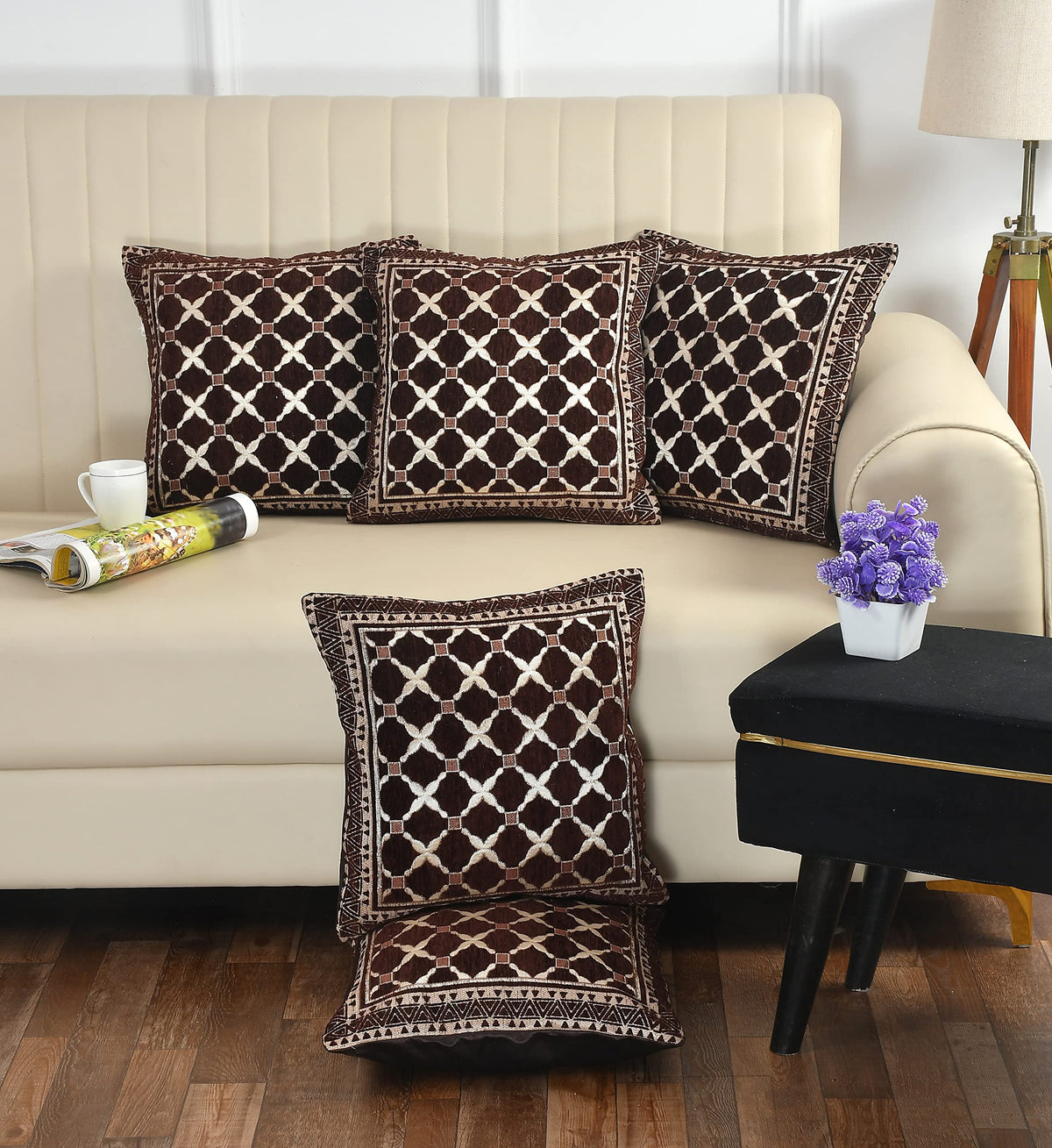 DECOMIZER Jacquard Geomteric Cushion Covers 24 Inch X 24 Inch Set Of 5 Ethnic Motifs 240 TC Cushion Covers,Design- Criss-Cross,Color- Coffee