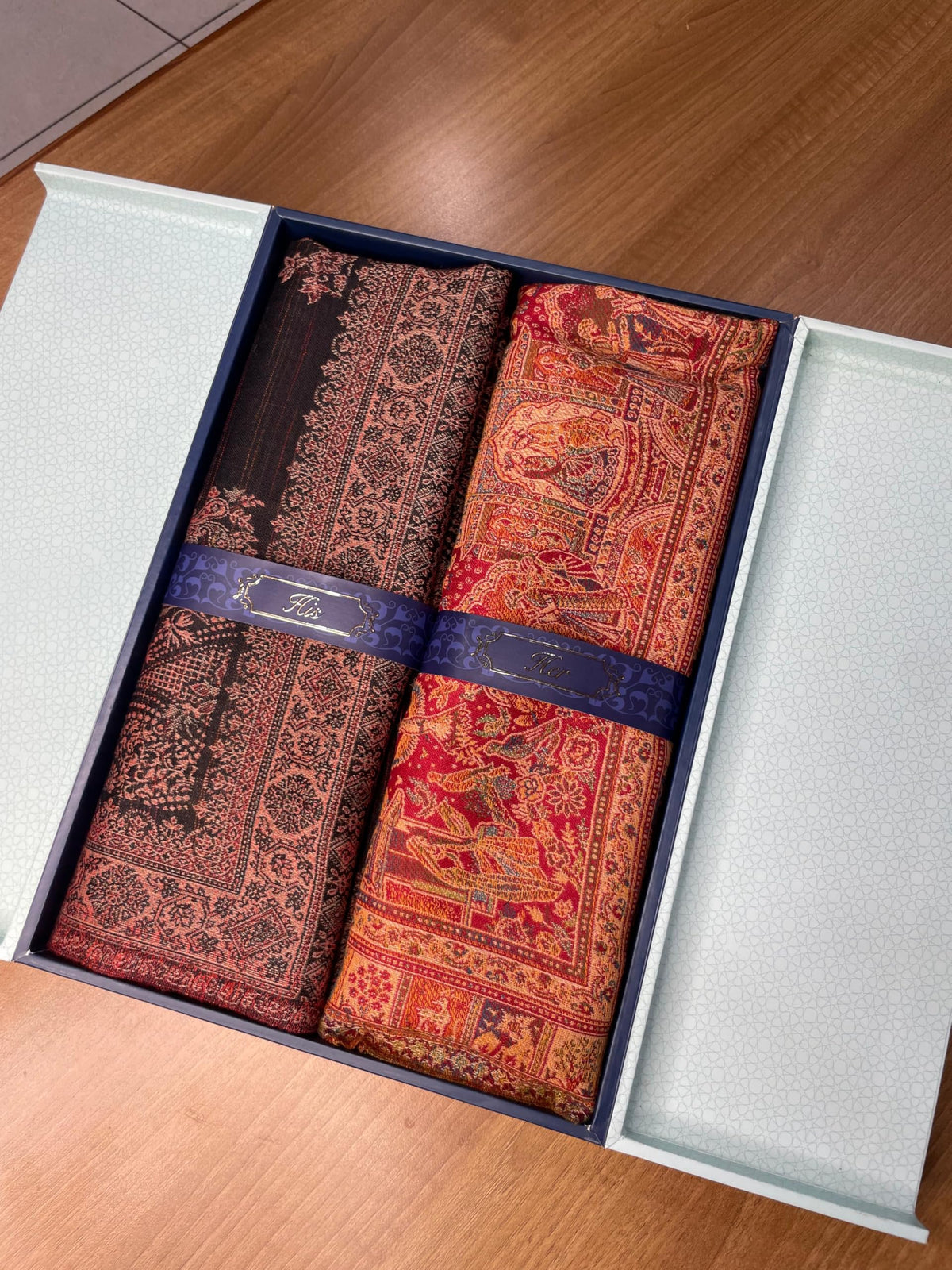 Pashmoda His and Her Gift Set of Jamavar Shawls With Wooden Gift Box