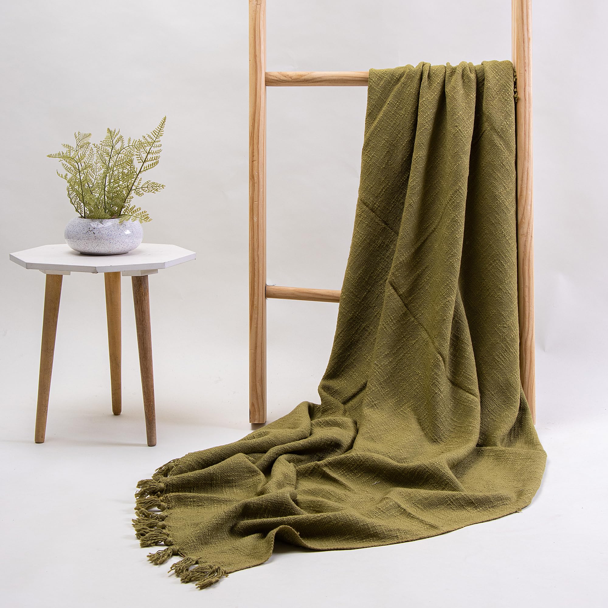 DMAASA Pure Cotton Hand Woven Sofa Throw | Handmade 50x60 Inch Solid Throw Blanket | Soft Throw for Living Room, Bed, Couch and Chair Throw | Reversible and Breathable (Olive-Green)-200 TC Kafalo