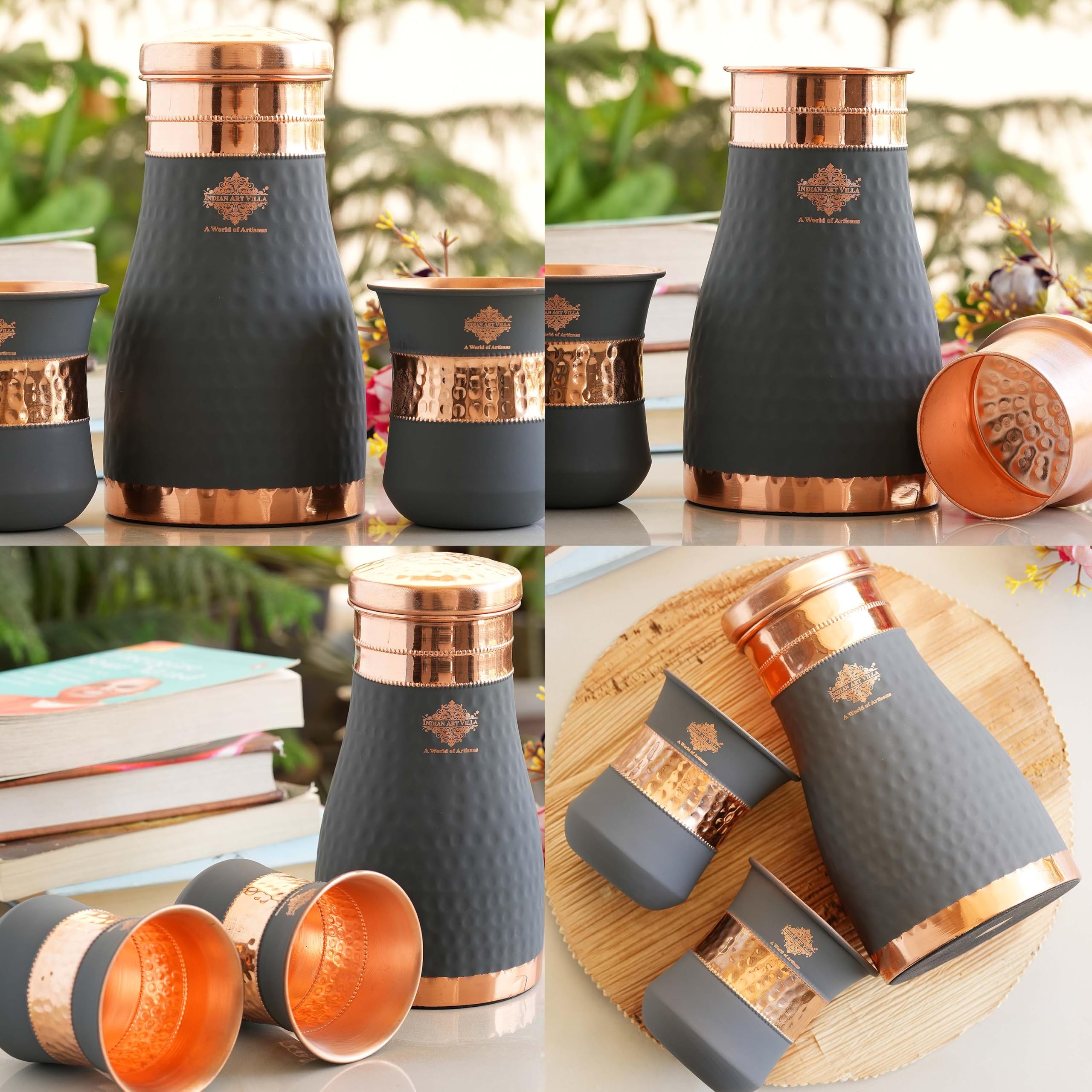 INDIAN ART VILLA Copper Bedroom Bottle & Glass Set - Grey Silk Finish, 1100 ml - Elegant Drinkware Gift Set