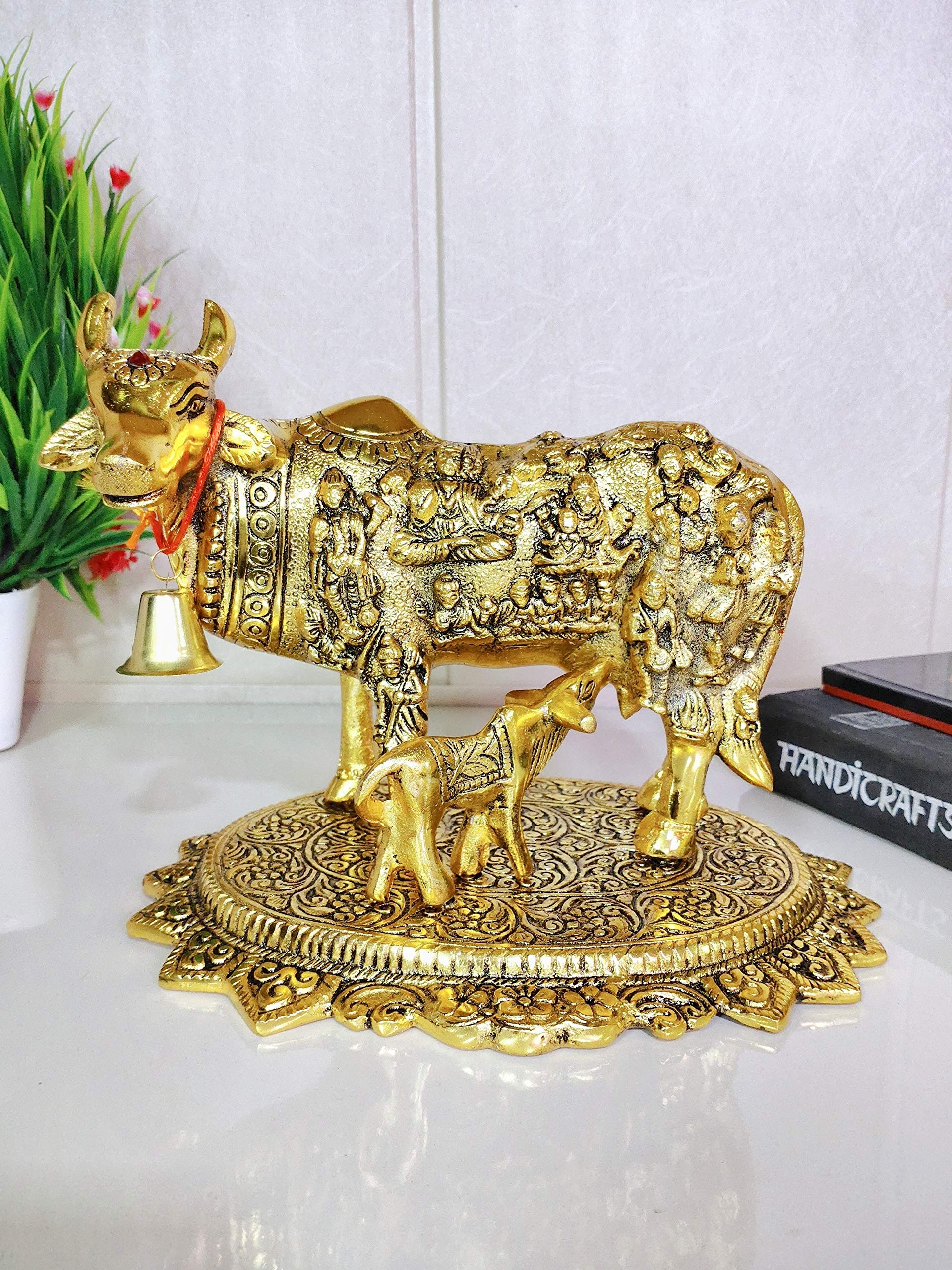 Prince Home Decor & Gifts Metal Kamdhenu Cow with Calf Statue Standard Gold, 1 Piece
