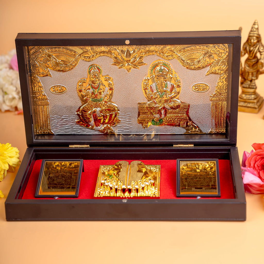anciently Laxmi Ganesh Pocket Temple with Charan Paduka for Diwali Gift, House Warming Gifts, Return Gift Puja Box (Rectangle Shaped, Gold Plated, 1 Piece)