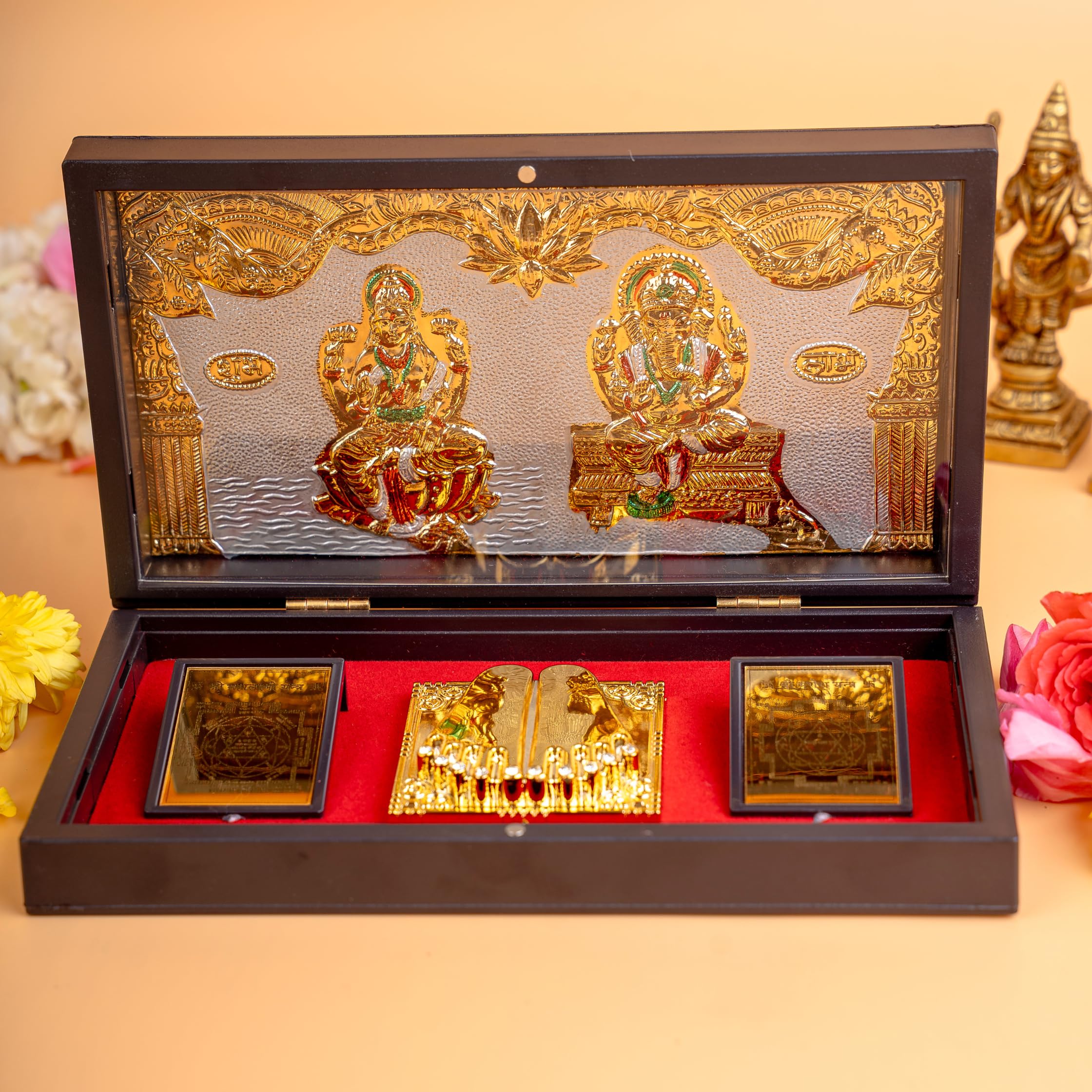 anciently Laxmi Ganesh Pocket Temple with Charan Paduka for Diwali Gift, House Warming Gifts, Return Gift Puja Box (Rectangle Shaped, Gold Plated, 1 Piece)