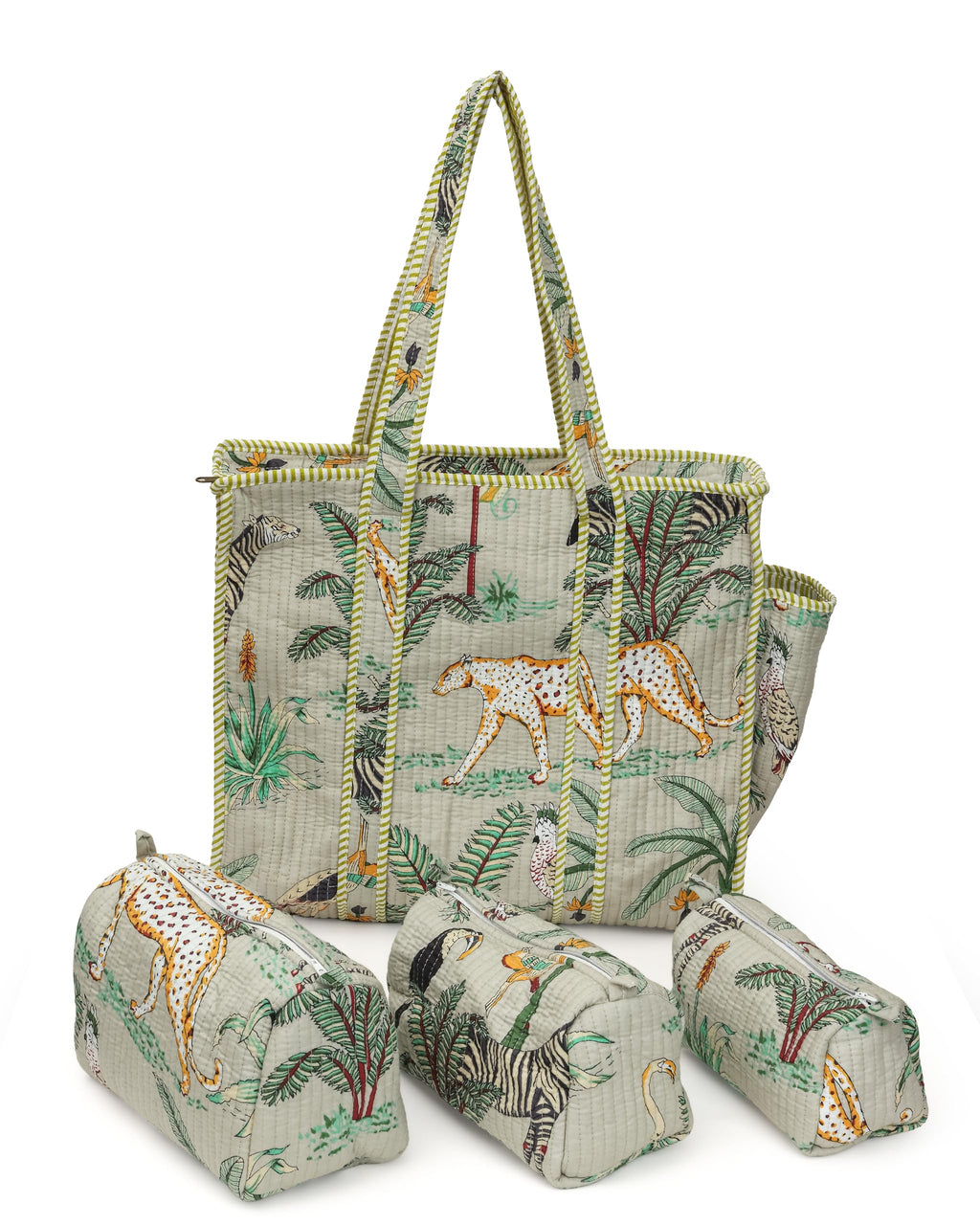 NIKAVIK 1 Tote Bags and 3 Pouch Quilted fabric Handblock Printed Tote Bag(with zip) and bottle compartment with Matching Pouches (Beige)