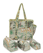 NIKAVIK 1 Tote Bags and 3 Pouch Quilted fabric Handblock Printed Tote Bag(with zip) and bottle compartment with Matching Pouches (Beige)