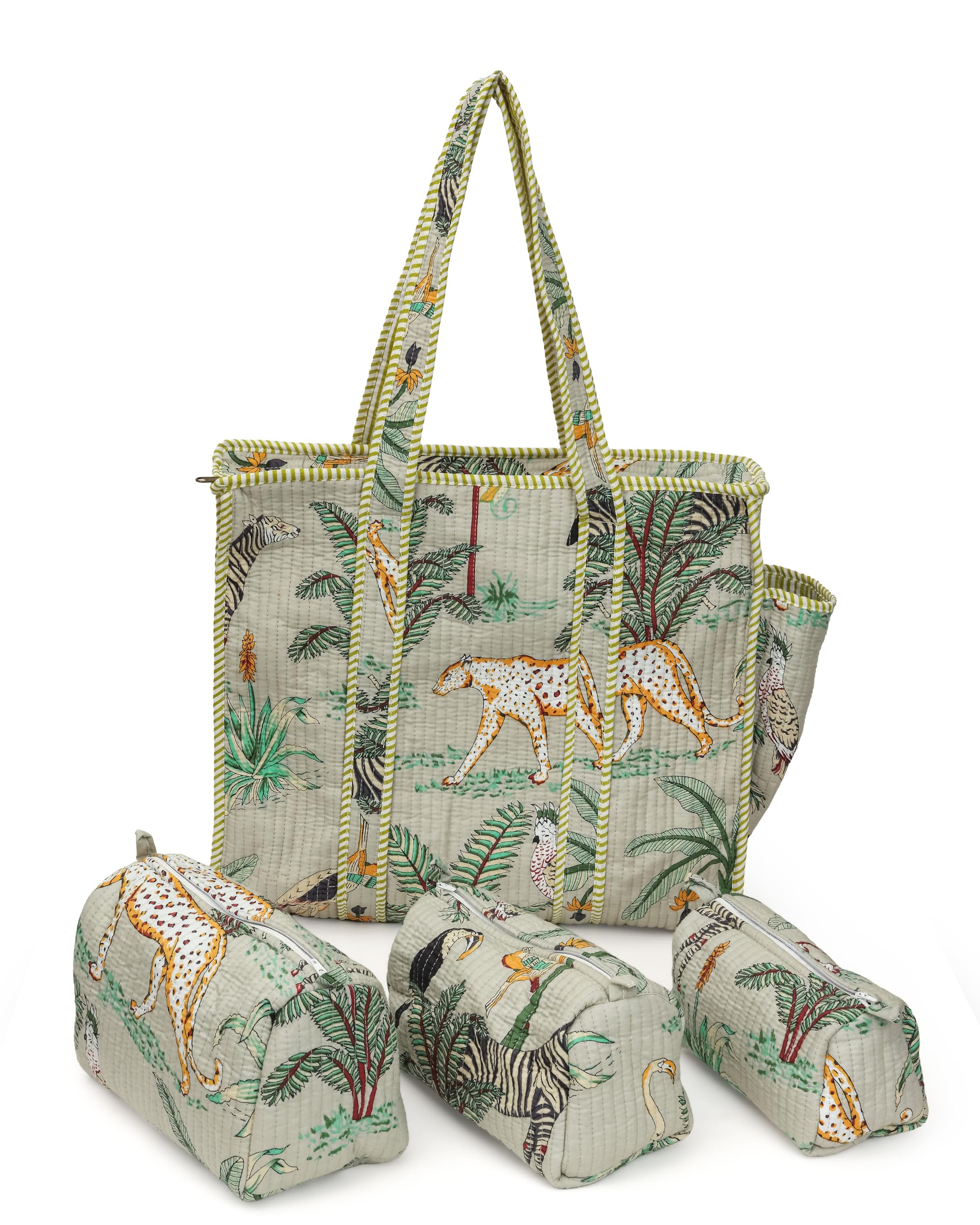 NIKAVIK 1 Tote Bags and 3 Pouch Quilted fabric Handblock Printed Tote Bag(with zip) and bottle compartment with Matching Pouches (Beige)