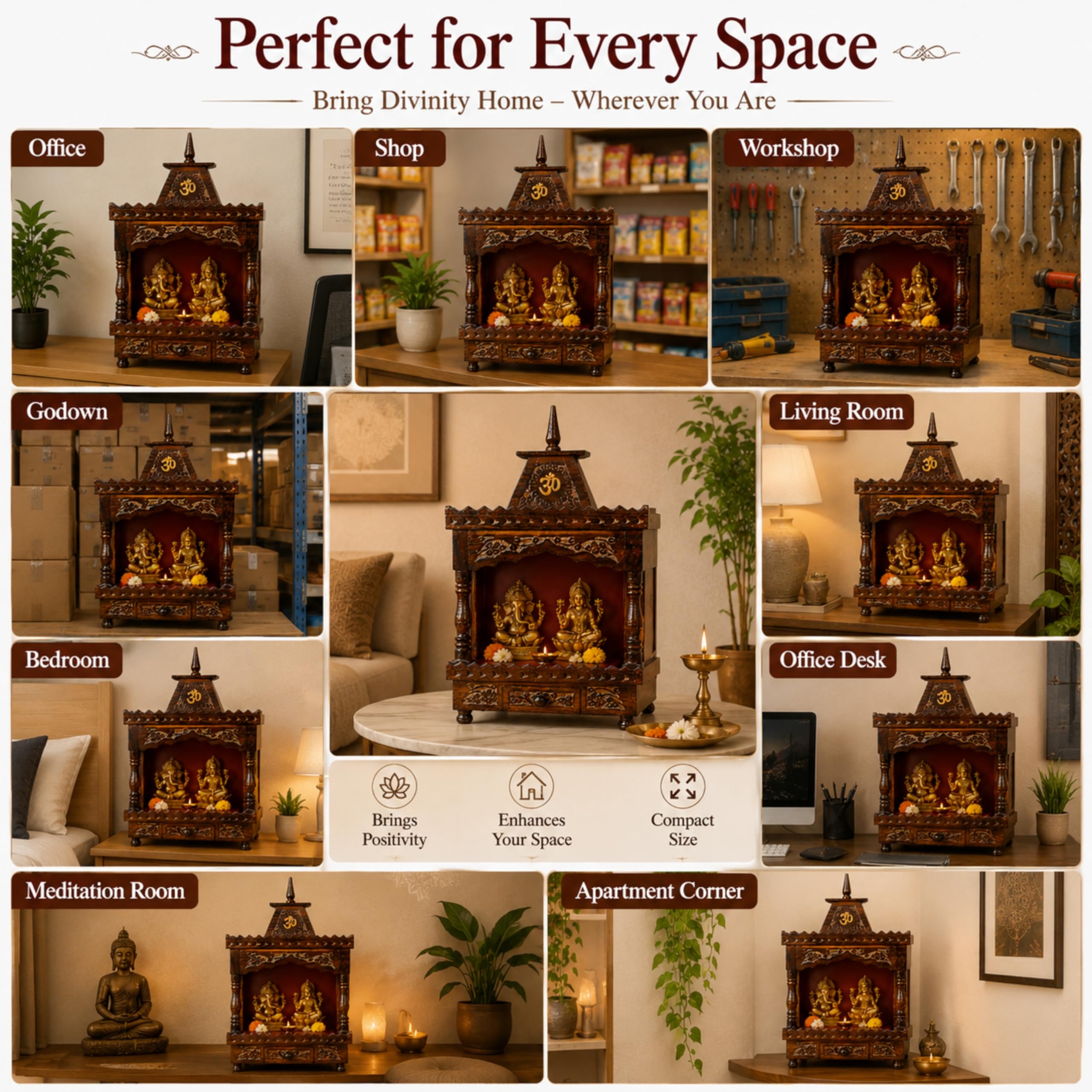 CraftVeda Wooden Mandir for Home | Handcrafted Pooja Temple with OM Design & Brass Bell | Compact Hindu Devghar for Home, Office & Prayer Room | 15 x 9 x 8 Inch