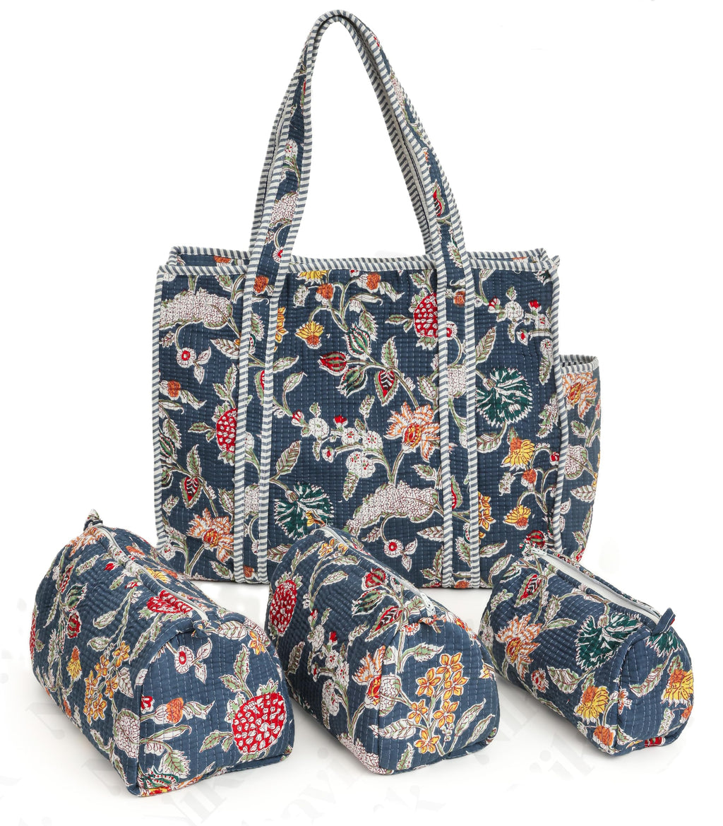 NIKAVIK 1 Tote Bags and 3 Pouch Quilted fabric Handblock Printed Tote Bag(with zip) and bottle compartment with Matching Pouches (Blue Multi)
