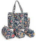 NIKAVIK 1 Tote Bags and 3 Pouch Quilted fabric Handblock Printed Tote Bag(with zip) and bottle compartment with Matching Pouches (Blue Multi)