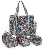 NIKAVIK 1 Tote Bags and 3 Pouch Quilted fabric Handblock Printed Tote Bag(with zip) and bottle compartment with Matching Pouches (Blue Multi)