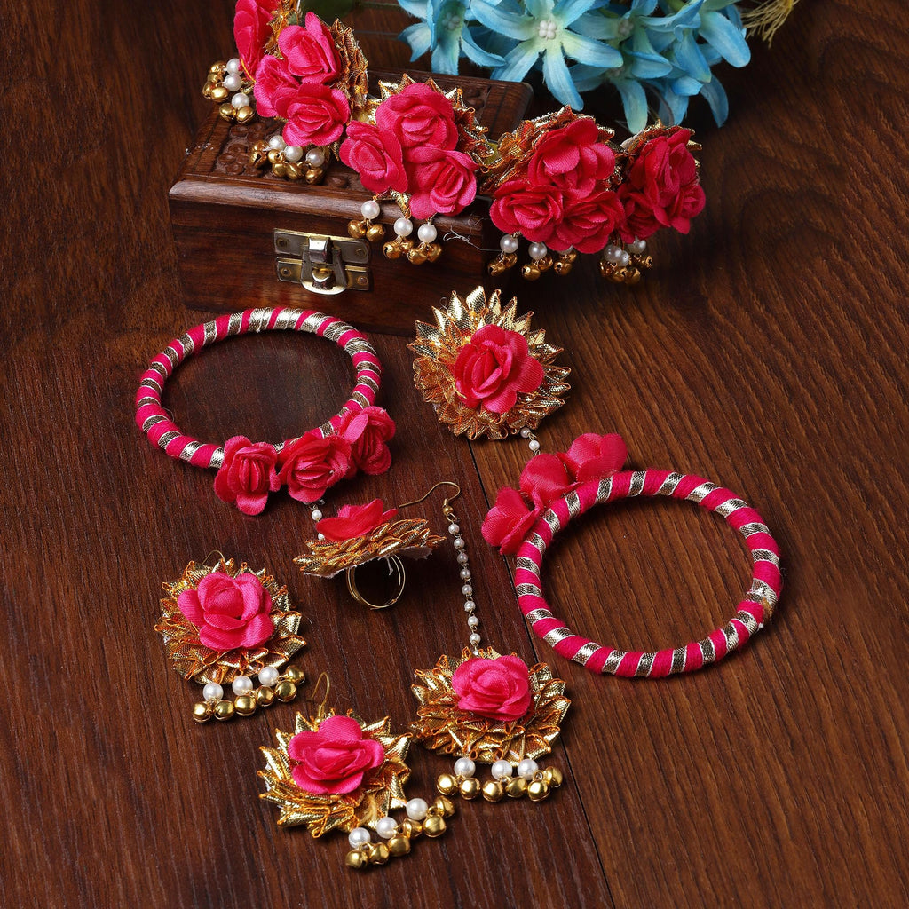 ZENEME Handmade Gold & Red Floral Jewellery Set for Women & Girls | Handcrafted Flower with Pearls Necklace Set with Earrings, Maang Tikka & Pair of Hathphool | Mehendi, Haldi, Wedding & Bridal Jewallery