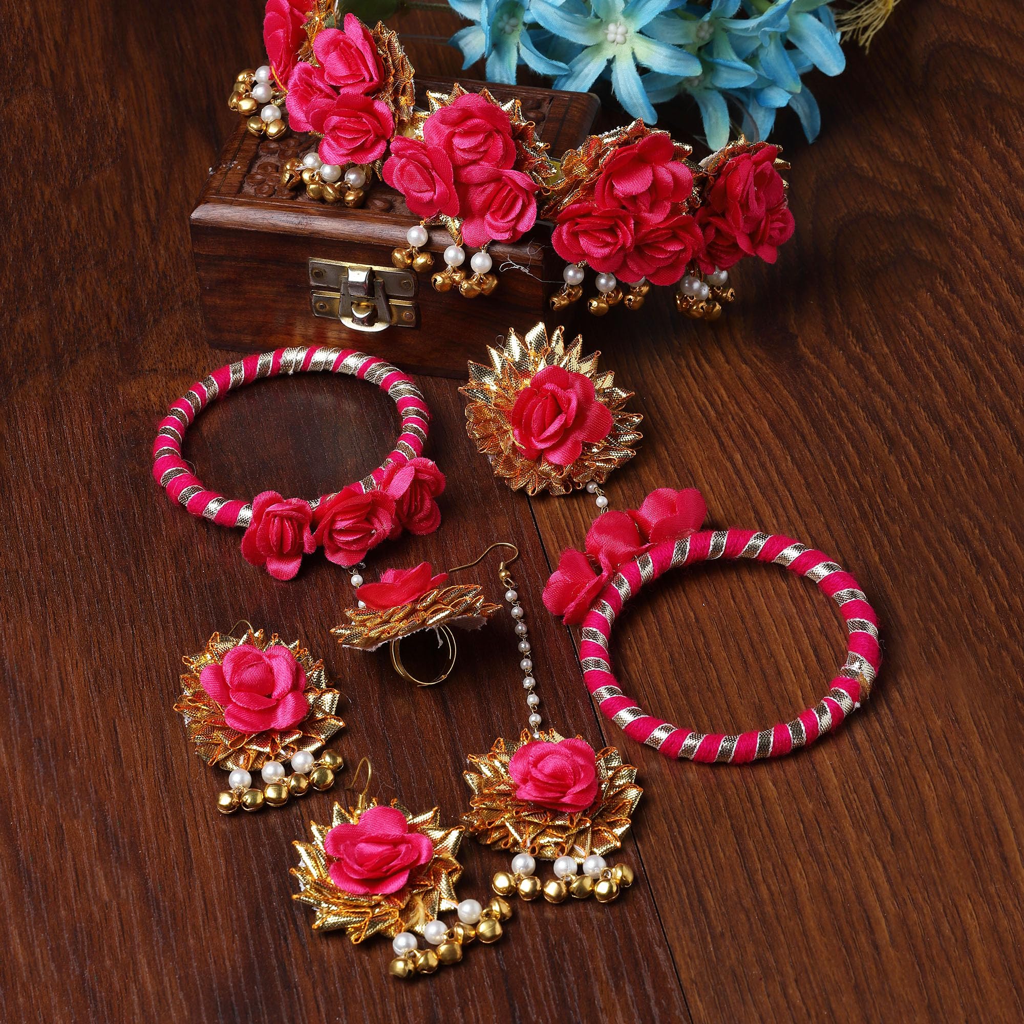 ZENEME Handmade Gold & Red Floral Jewellery Set for Women & Girls | Handcrafted Flower with Pearls Necklace Set with Earrings, Maang Tikka & Pair of Hathphool | Mehendi, Haldi, Wedding & Bridal Jewallery