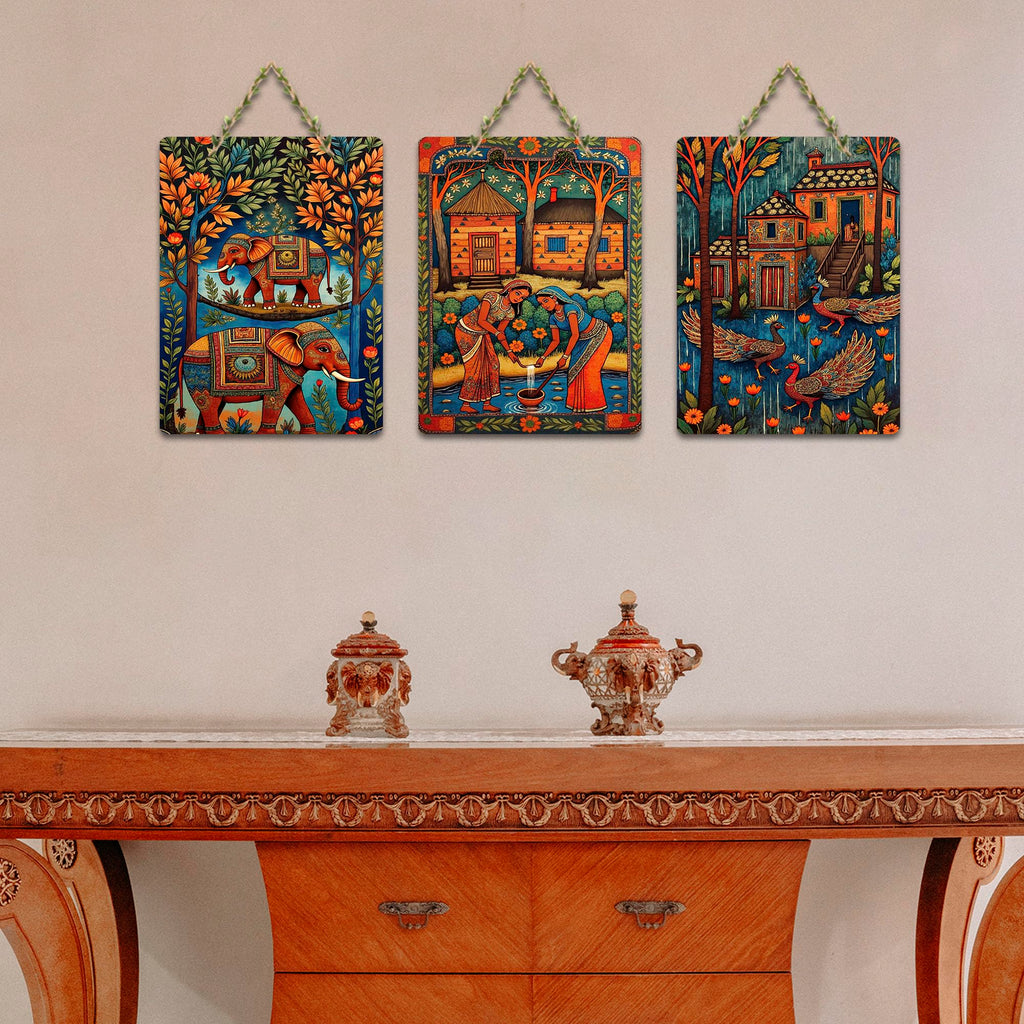 Artvibes Traditional Indian Decor Wooden Art Decoration Item for Living Room | Room Wall Art | Modern Decor Artwork | Living Room | Cafe | Wall Art Print | Unique Gift Items (WH_96115N), Set of 3