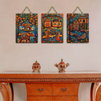 Artvibes Traditional Indian Decor Wooden Art Decoration Item for Living Room | Room Wall Art | Modern Decor Artwork | Living Room | Cafe | Wall Art Print | Unique Gift Items (WH_96115N), Set of 3