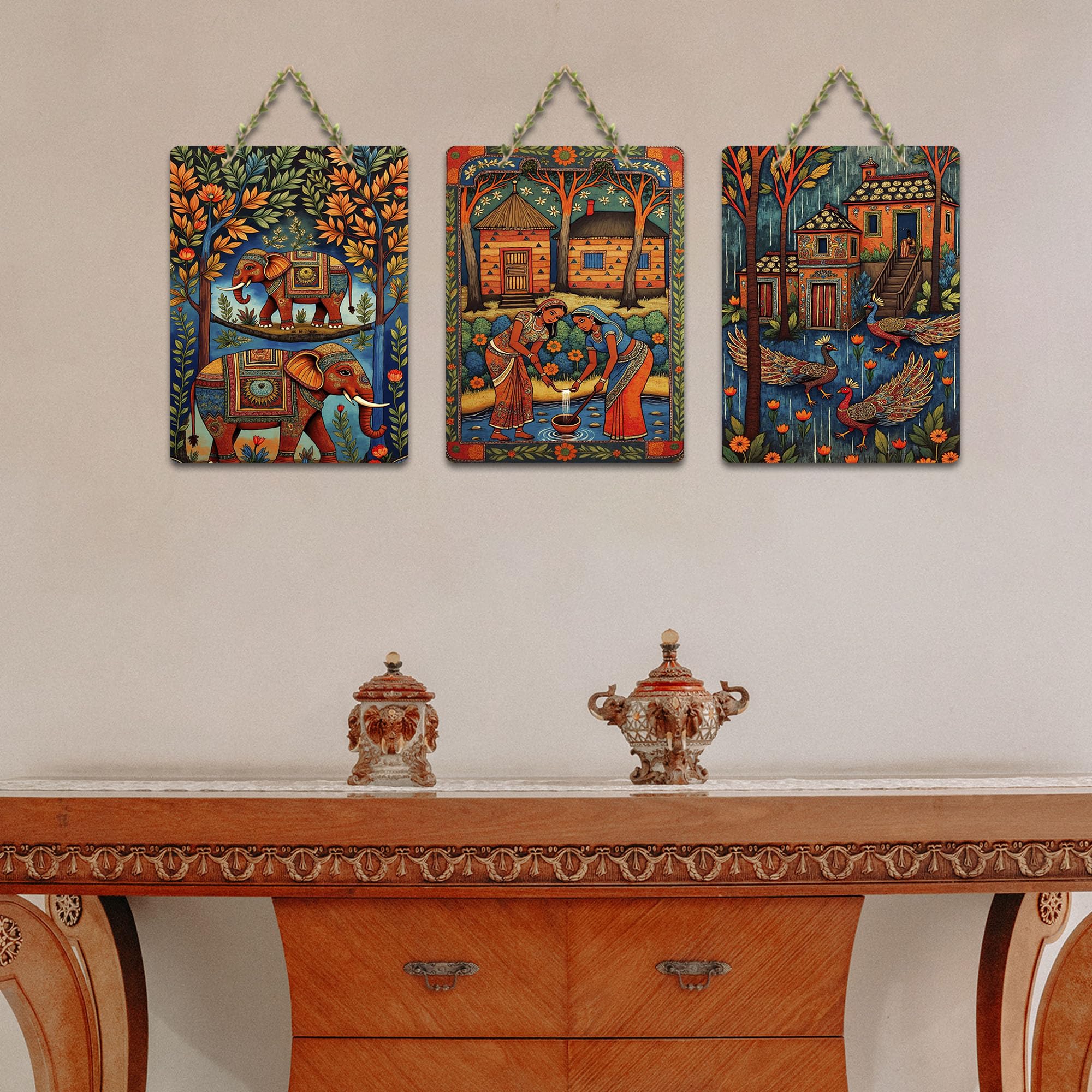 Artvibes Traditional Indian Decor Wooden Art Decoration Item for Living Room | Room Wall Art | Modern Decor Artwork | Living Room | Cafe | Wall Art Print | Unique Gift Items (WH_96115N), Set of 3