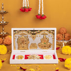 House Of Wemy Laxmi Kuber Pocket Temple for Pooja Room, Gifting for Wedding & Housewarming Ceremony I Gold Plated Photo Frame with Charan Paduka & Turtle for Good Luck - (8.4x4.5Inch) - Pack of 1