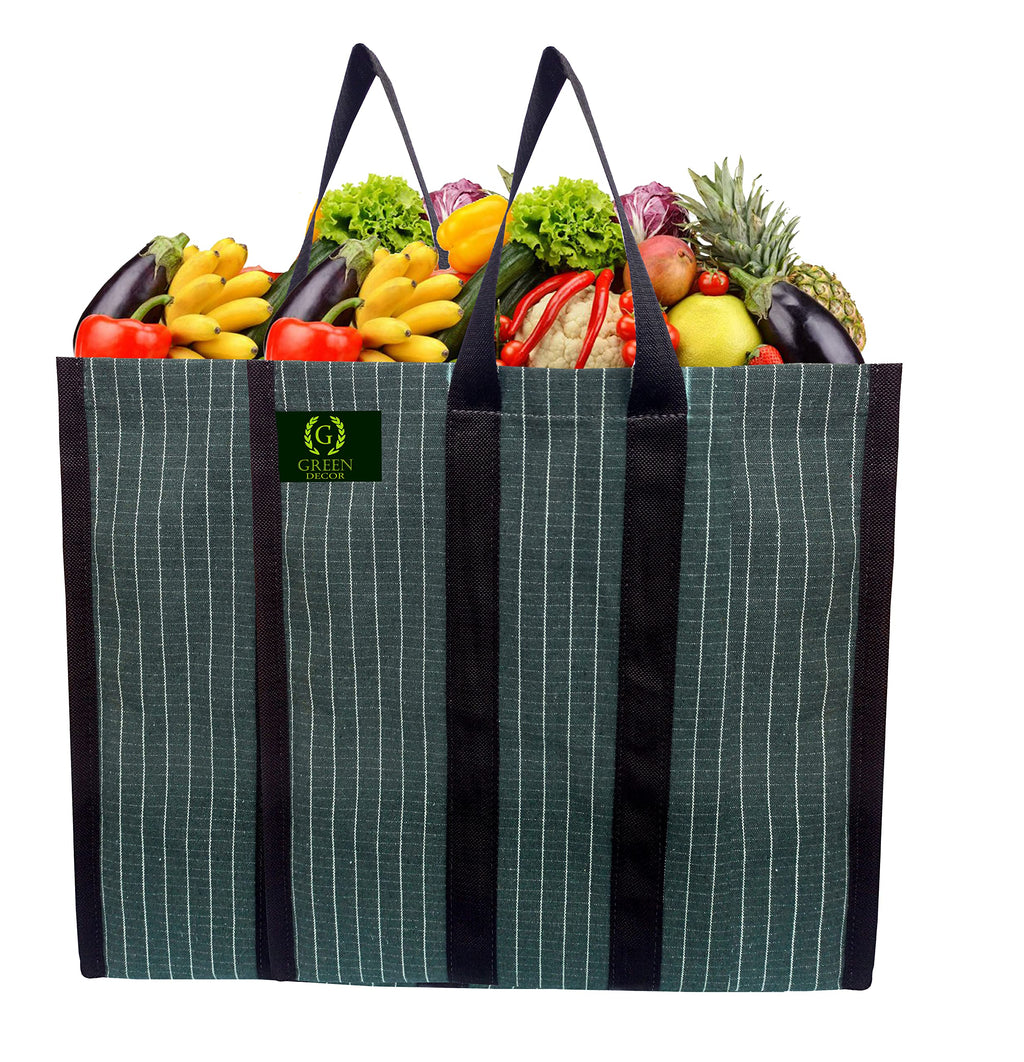 GREEN DECOR Waterproof Cotton Canvas Super Strong Heavy Duty Reusable Milk Bag/Shopping/Grocery/Vegetable Bag with Reinforced Handles & Thick Bottom for Strength (Green,17X10X11 Inch) Pack of 2