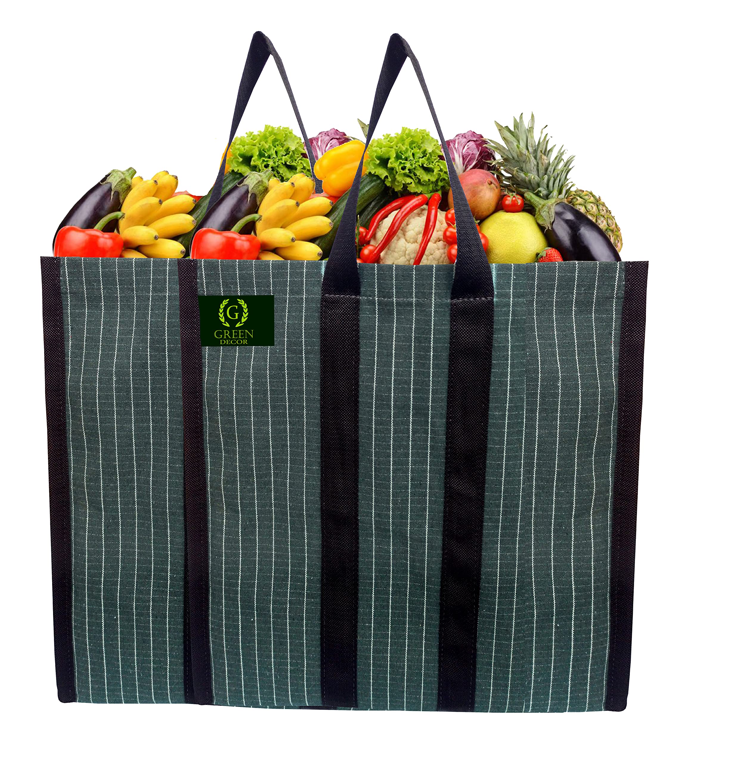 GREEN DECOR Waterproof Cotton Canvas Super Strong Heavy Duty Reusable Milk Bag/Shopping/Grocery/Vegetable Bag with Reinforced Handles & Thick Bottom for Strength (Green,17X8.5X14 Inch) Pack of 2