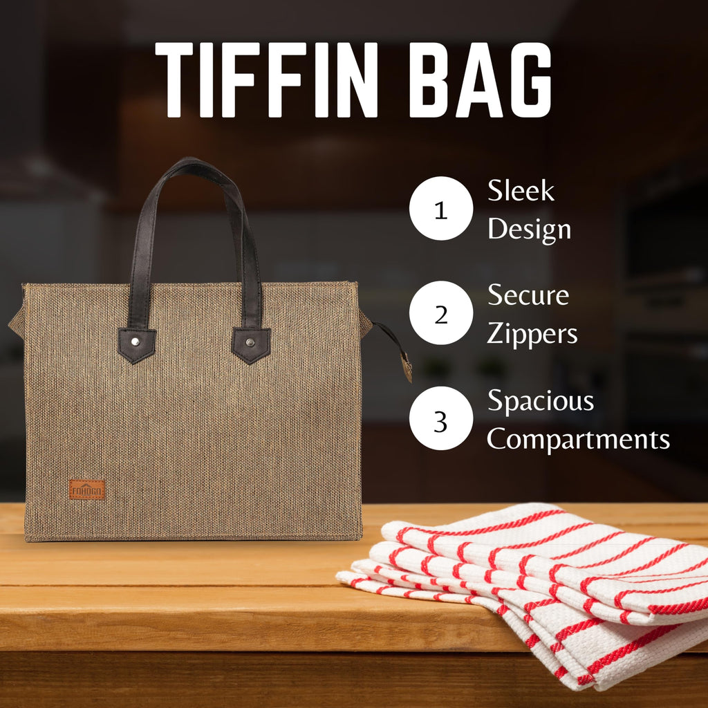 FOHOGO Jute Bag for Unisex | Lunch Bag/Tiffin Bag/Carry Bag/Jute Bag | Tote Bag for office (Gold, Large (12”x16”x7”))