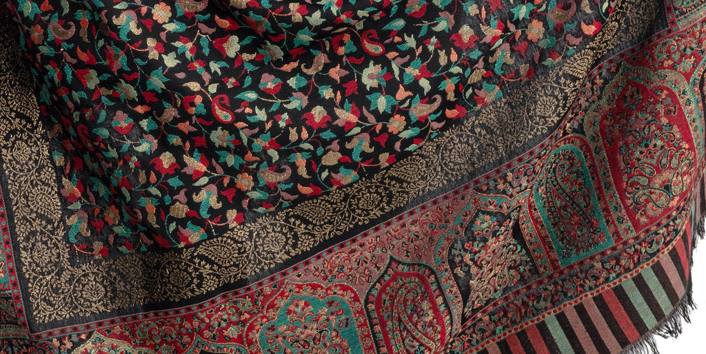 Naureen Women Faux Pashmina Kani Shawl with Mughal Artwork and Zari Accents, Warm and Soft, 40x80 inch