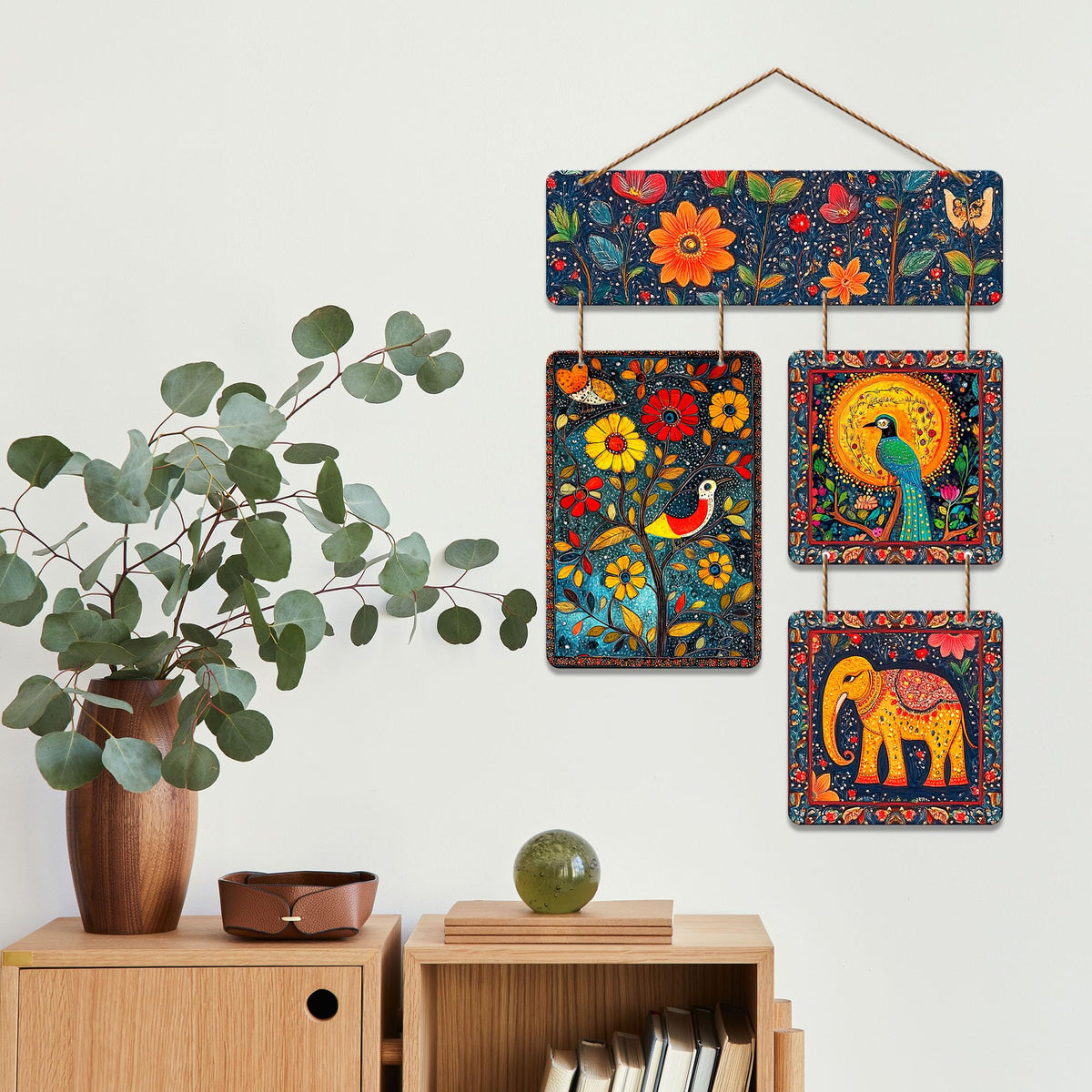 Artvibes Floral Peacock & Elephant Indian Folk Art Wooden Art Decoration Item for Home | Living Room | Office | Wall Art Painting For Hall | Graphic Artwork | Wall Poster | Unique Gift (WH_6530N)
