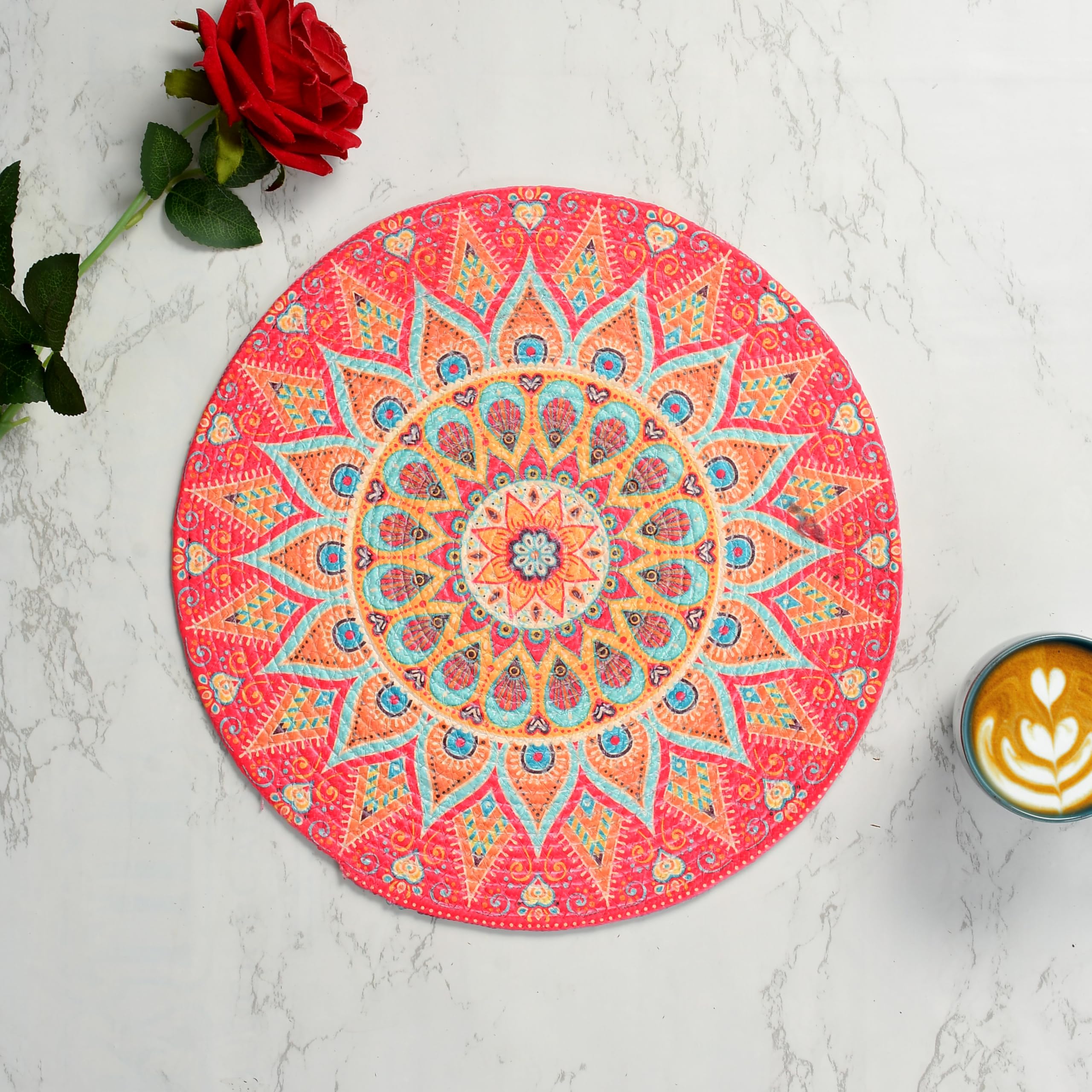 LaVichitra Cotton Table Placemat | Dining Table Mat | Bed Side Table Mat | Cotton Round Shape Placemats | Washable PlaceMat for Shelves & Plant Pots - Pack of 6, Rangoli Print Kafalo