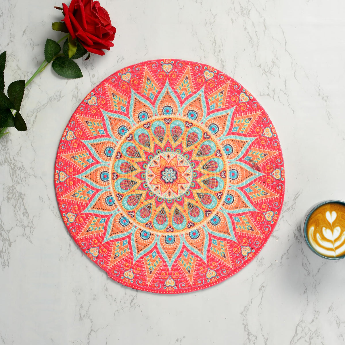 LaVichitra Cotton Table Placemat | Dining Table Mat | Bed Side Table Mat | Cotton Round Shape Placemats | Washable PlaceMat for Shelves & Plant Pots - Pack of 4, Rangoli Print Kafalo