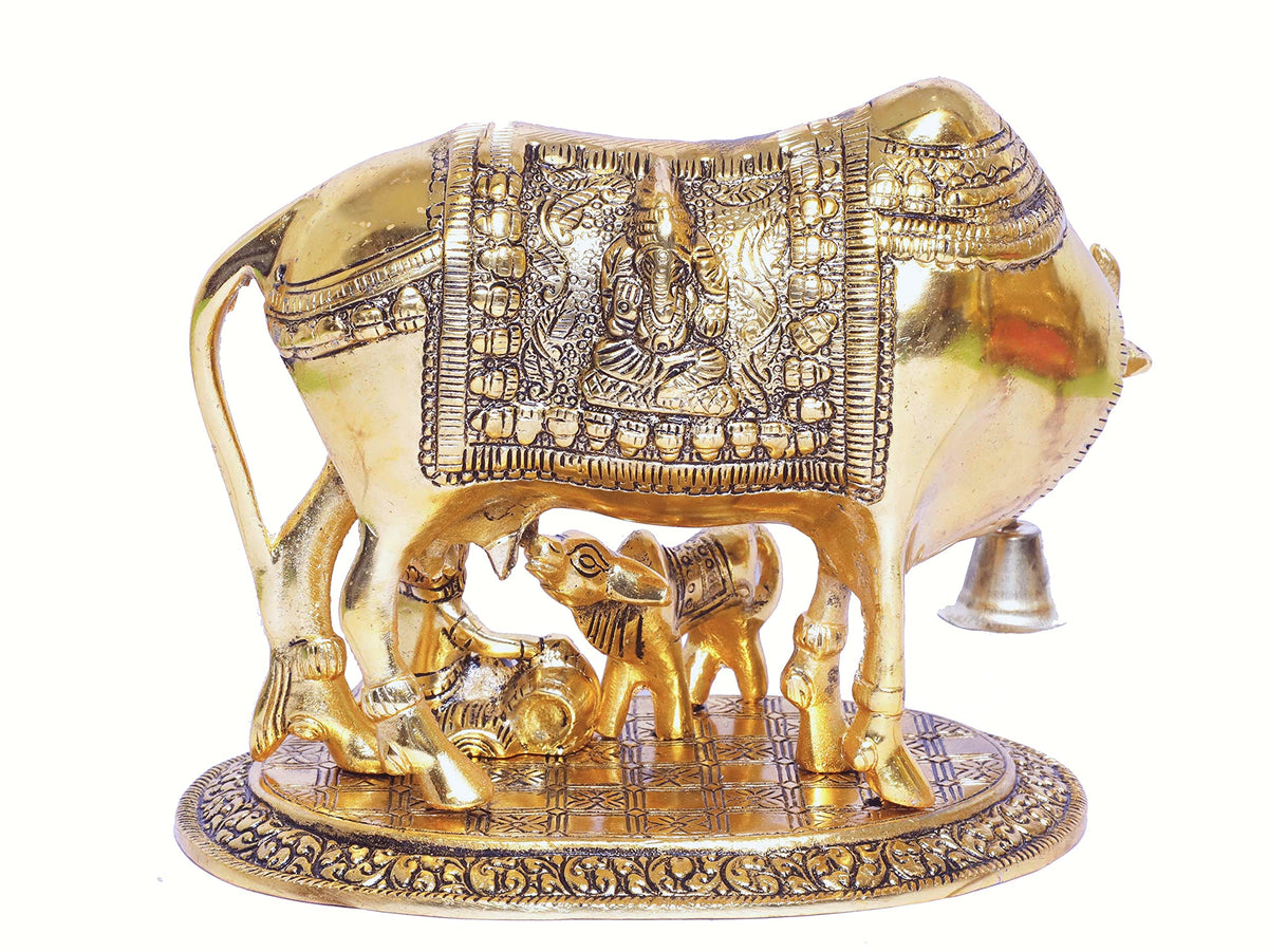 KridayKraft Kamdhenu Cow,Calf with Bal Gopal Krishna Metal Statue for Good Luck,Feng Shui As Table Top Figurine,Vastu,Religious Gau MATA Idol Home,Office&Table
