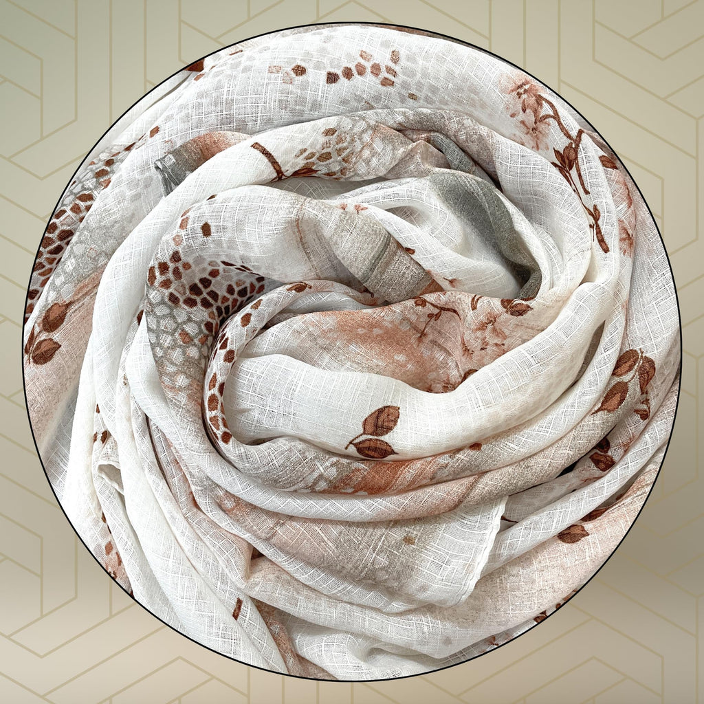 FAHABO Scarf Woman Floral Print Premium Mal Mal Textured Cotton Scarves with Tassels | Hijab Scarf | Headscarf | Neck Scarf | Stoles | Wraps | Size 71 L x 33 W (Elegance Grey, Brown)