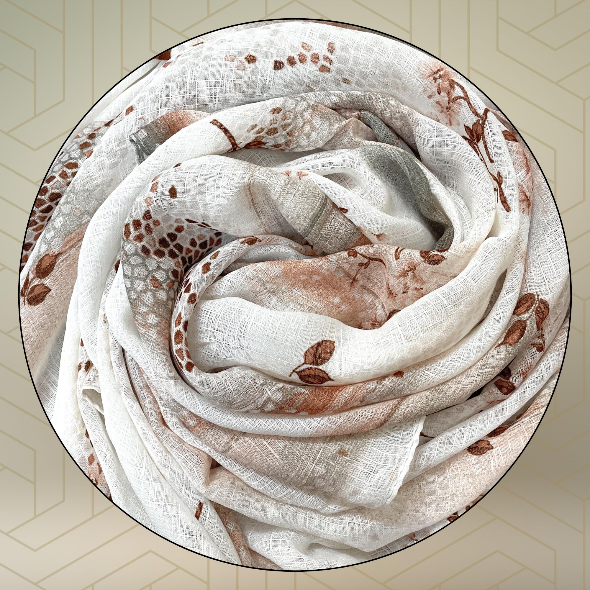 FAHABO Scarf Woman Floral Print Premium Mal Mal Textured Cotton Scarves with Tassels | Hijab Scarf | Headscarf | Neck Scarf | Stoles | Wraps | Size 71 L x 33 W (Elegance Grey, Brown)