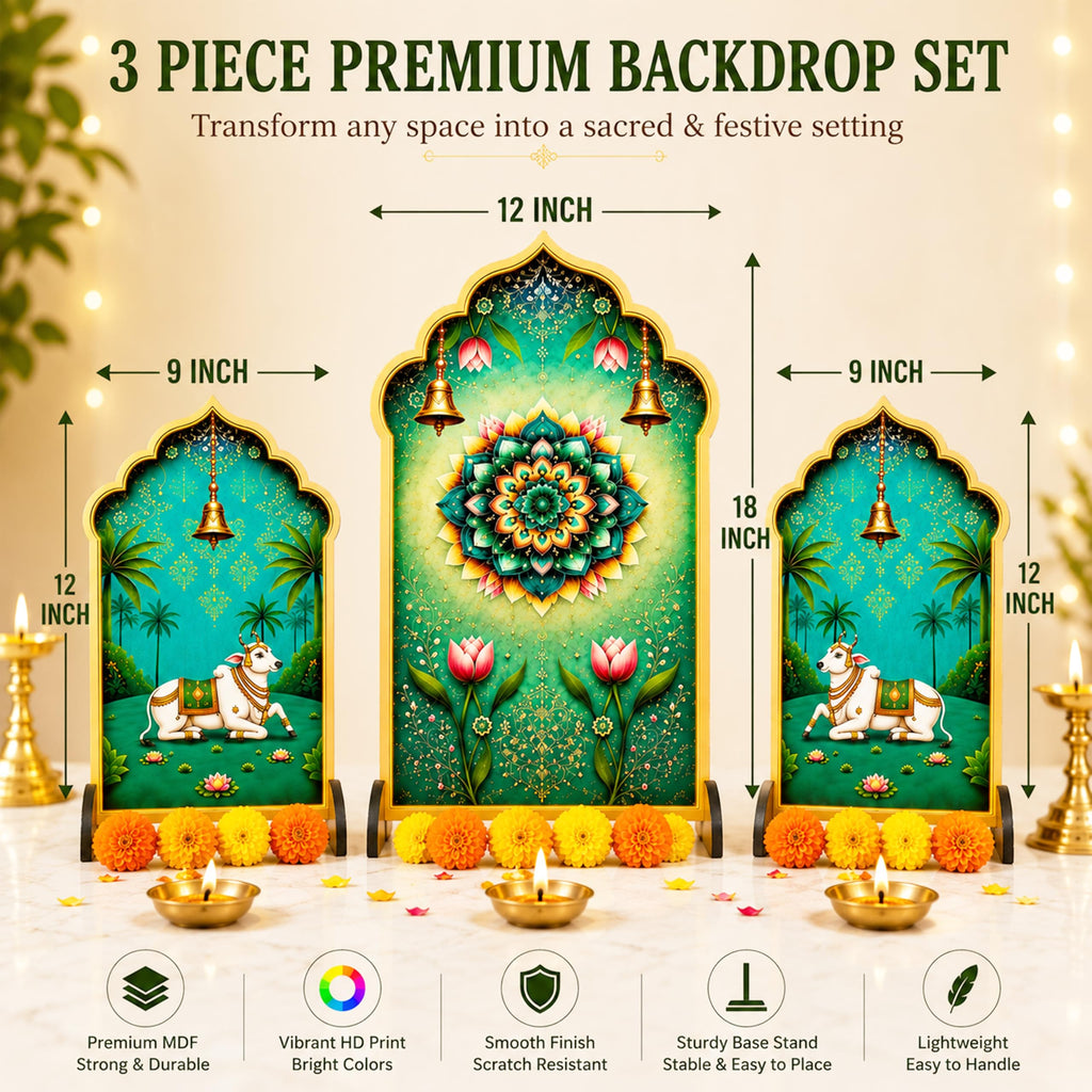 Ganpati Decoration Setup for Home, Premium MDF Ganesh Chaturthi Backdrop Stand, 3 Panel Traditional Mandap Decor for Pooja, Aarti, Festival & Housewarming, Suitable for up to 12 Inches Ganpati.
